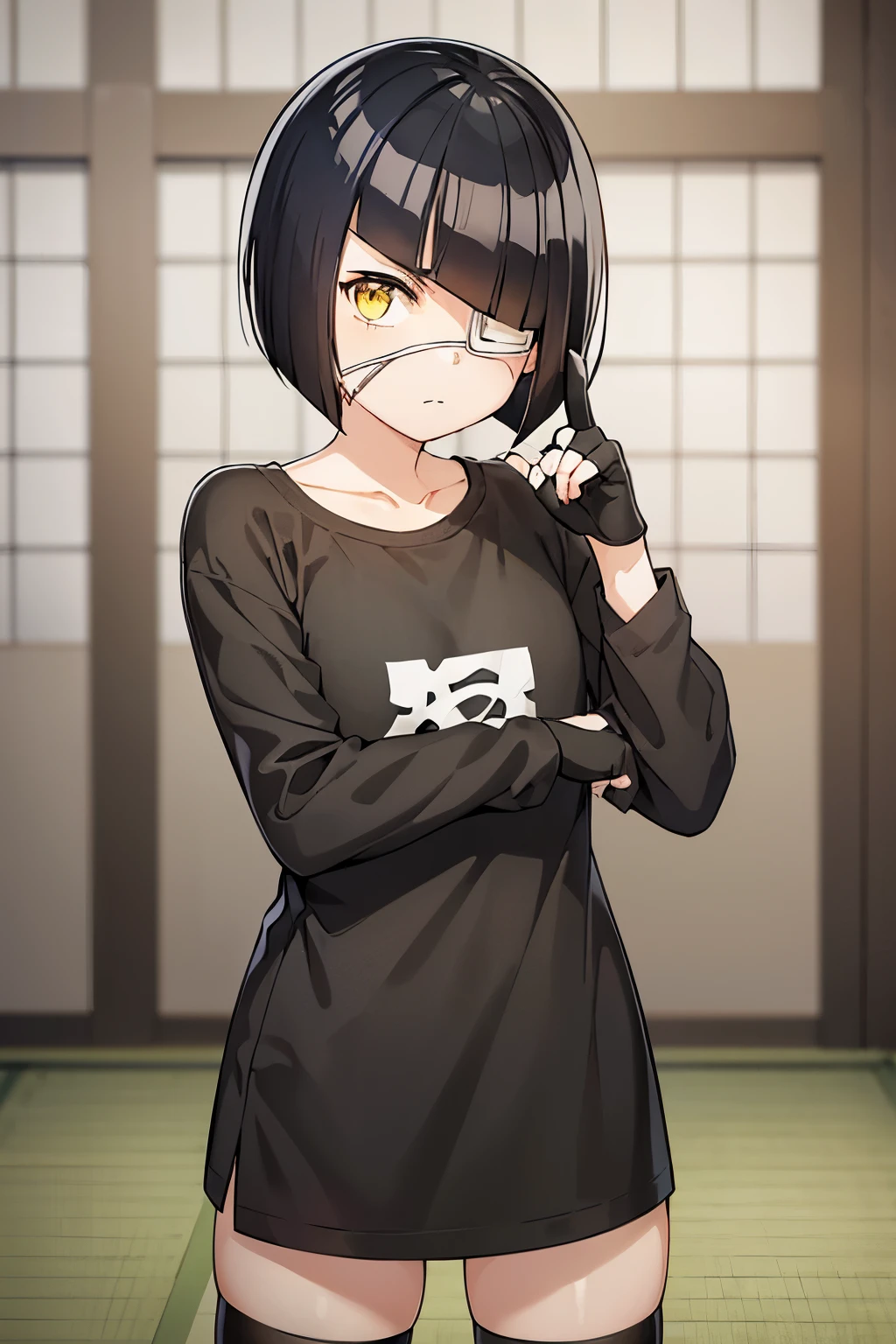 girl, nakanaka_omoharu, black hair, short hair, flat chest, golden eyes, white eye patch, casual clothes, grey shirt, long sleeves, fingerless gloves, black thigh-highs, room, japanese room, standing, striking a pose, wide stance, hand at head, chuunibyou