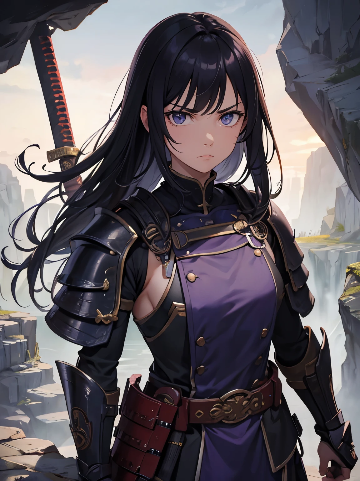 Masterpiece, close up, stone brick, underground, cavern, woman, standing, soldier, stoic appearance, annoyed expression, black hair, samurai armour, chestplate, shoulder plates, gauntlets, black armour, purple belt