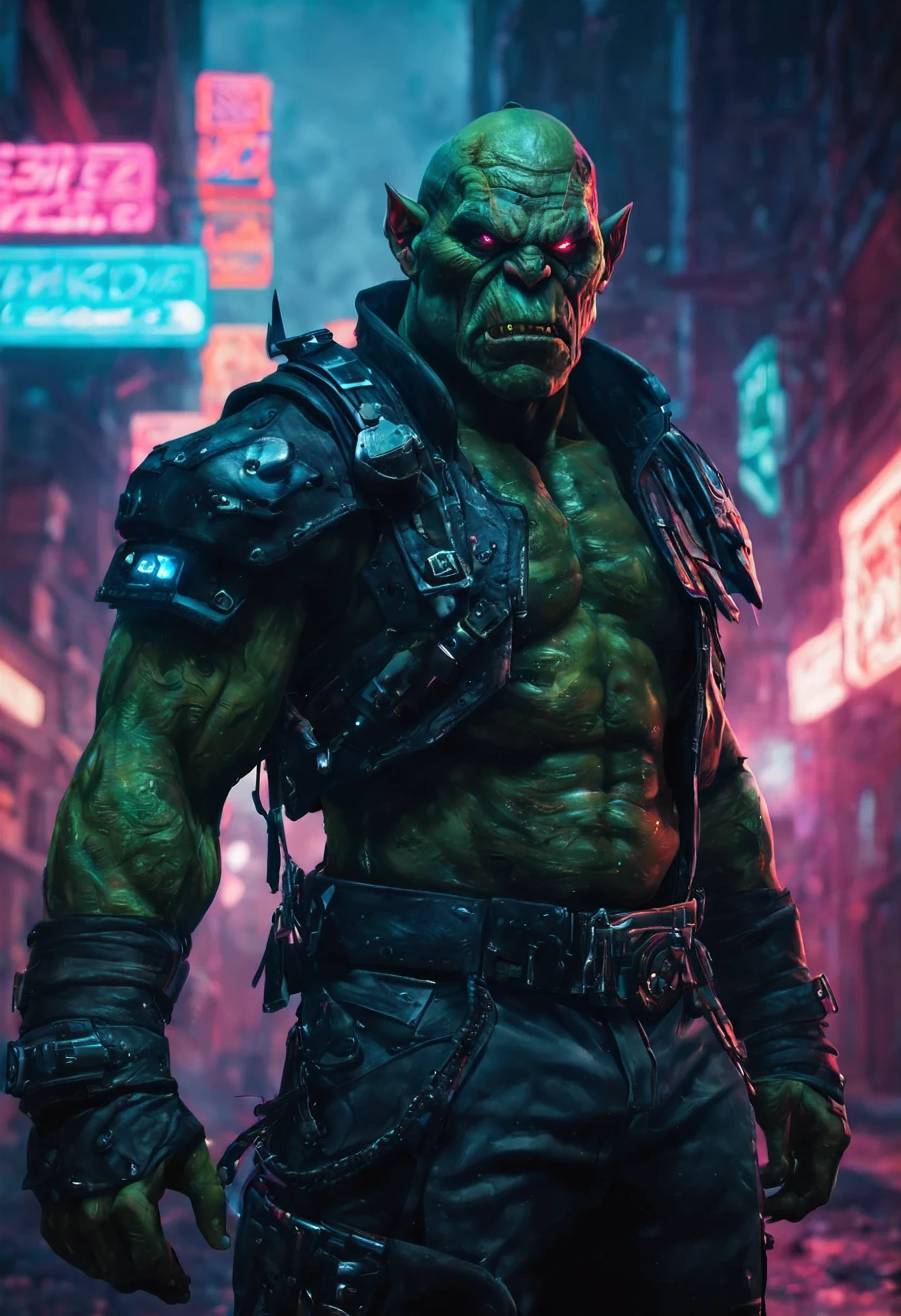 (personaje orco realista en una calle cyberpunk,illustration,pulsating neon lights,sandy atmosphere,texturas metalicas,rasgos faciales detallados, Armadura y armas altamente detalladas,decadencia urbana,callejones llenos de humo,Chaotic cityscape,colores vibrantes,high resolution image)