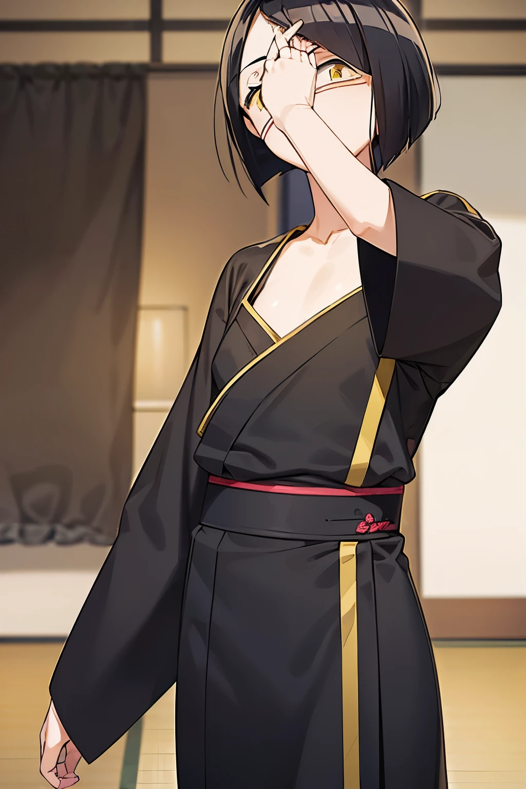 girl, nakanaka_omoharu, black hair, short hair, flat chest, golden eyes, white eye patch, japanese clothes, fingerless gloves, black socks, room, japanese room, standing, striking a pose