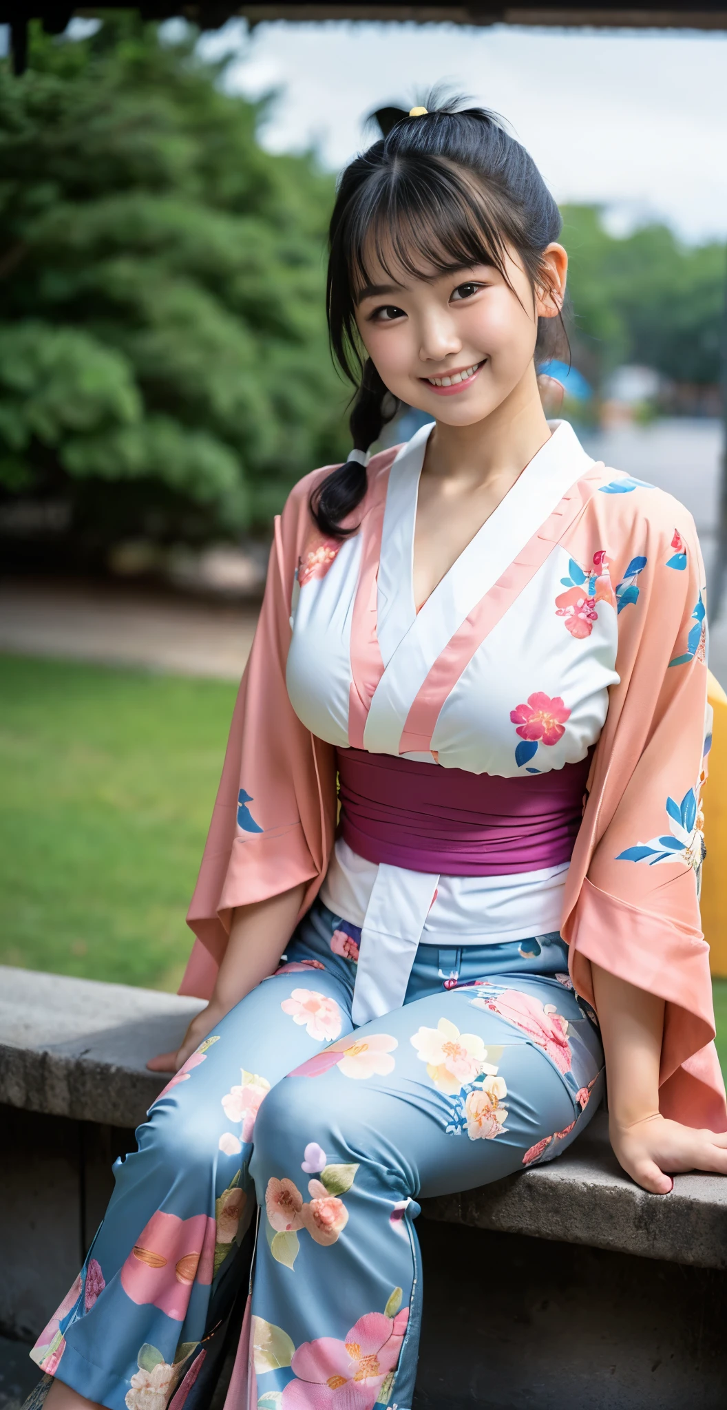 (8k、Raw photography、highest quality、masterpiece:1.2),(black haired、curly ponytail:1.7),show viewer,Looking at the front,erotic,white skin,(Wearing a kimono with a colorful floral pattern:1.6)、(Clothing that emphasizes the shape of your chest、expose one's skin:1.5)、(big breasts :1.4)、slim body shape、ultra high resolution,beautiful,beautiful fece,(alone, alone、no background:1.9),whole bodyボディー,japanese woman,(Photoreal:1.37)、photon mapping,reality、(Baby-faced and cute: 1.0)、(cute smile: 1.7)、(With a round face: 1.9)、radio city、Physically based rendering、depth of field rally background、photograph, (I can see your knees,close up of thighs、short kimono、I can see your pants:1.6),whole body、super fine