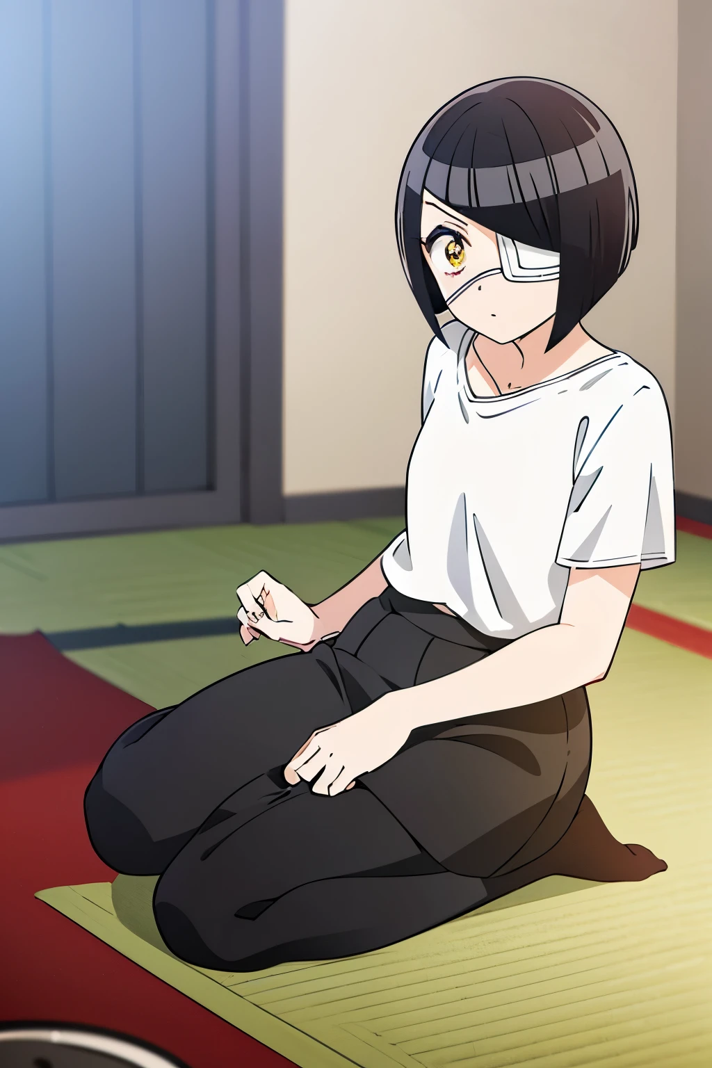 girl, nakanaka_omoharu, black hair, short hair, flat chest, golden eyes, white eye patch, casual outfit, white shirt, black skirt, short skirt, fingerless gloves, black socks, room, tatami