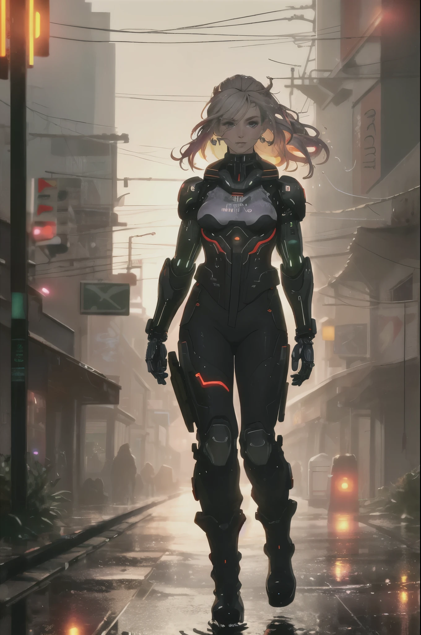 (masterpiece), (best quality), realistic photo, dark sci-fi, female, 30 years old, muscular, She walks down a crowded street with her back to the viewer, looking over her shoulder. she is sexy.  wet white straight hair with light purple and green and red highlights. grey eyes, black lips, eyebrows and eyelashes, earrings in ear, tattoo on neck going down to chest, cybernetic mechanical technology on neck and spine with flashing red LEDs, mechanical arm, black shoulderless top, military pants and boots, wet clothes and body, dark immersive background of crowded street with neon lights, raining, mirror reflections from puddles. HDR, raw photo, film grain, deph of field, 8k, ultra-realistic