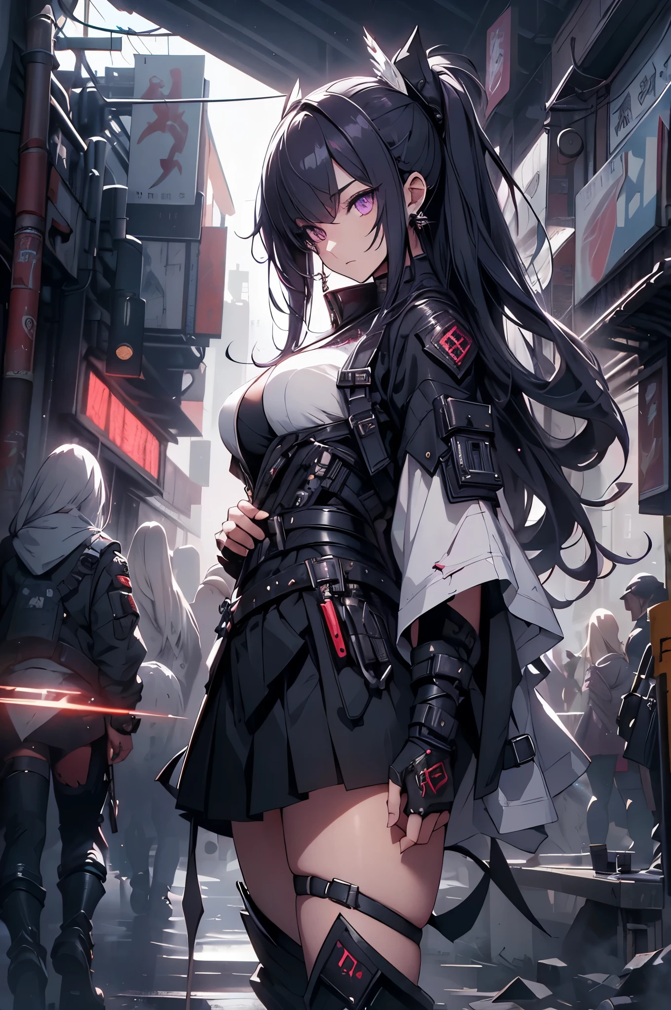 (table top, highest quality), (perfect athletic body:1.2), (thin hair), Super detailed,dark、detailed face,perfect face,detailed eyes、detailed nose、detailed mouth、 Precise detail depiction, Cyberpunk Samurai Girl, student,red tattoo on thigh,blackいセーラー服（black,Jacket,Dock Tags,pleated skirt）,18-year-old,long hairstyles, purple eyes, Wield a giant sword, standing in the wilderness, battle、flying sparks,wear high-tech boots,high heels, Equip Cyberpunk Gauntlet（five fingers,Detailed finger depiction,fingertip drawing）,8K high resolution, trend art station, white background, standing in the wilderness, take a pose
