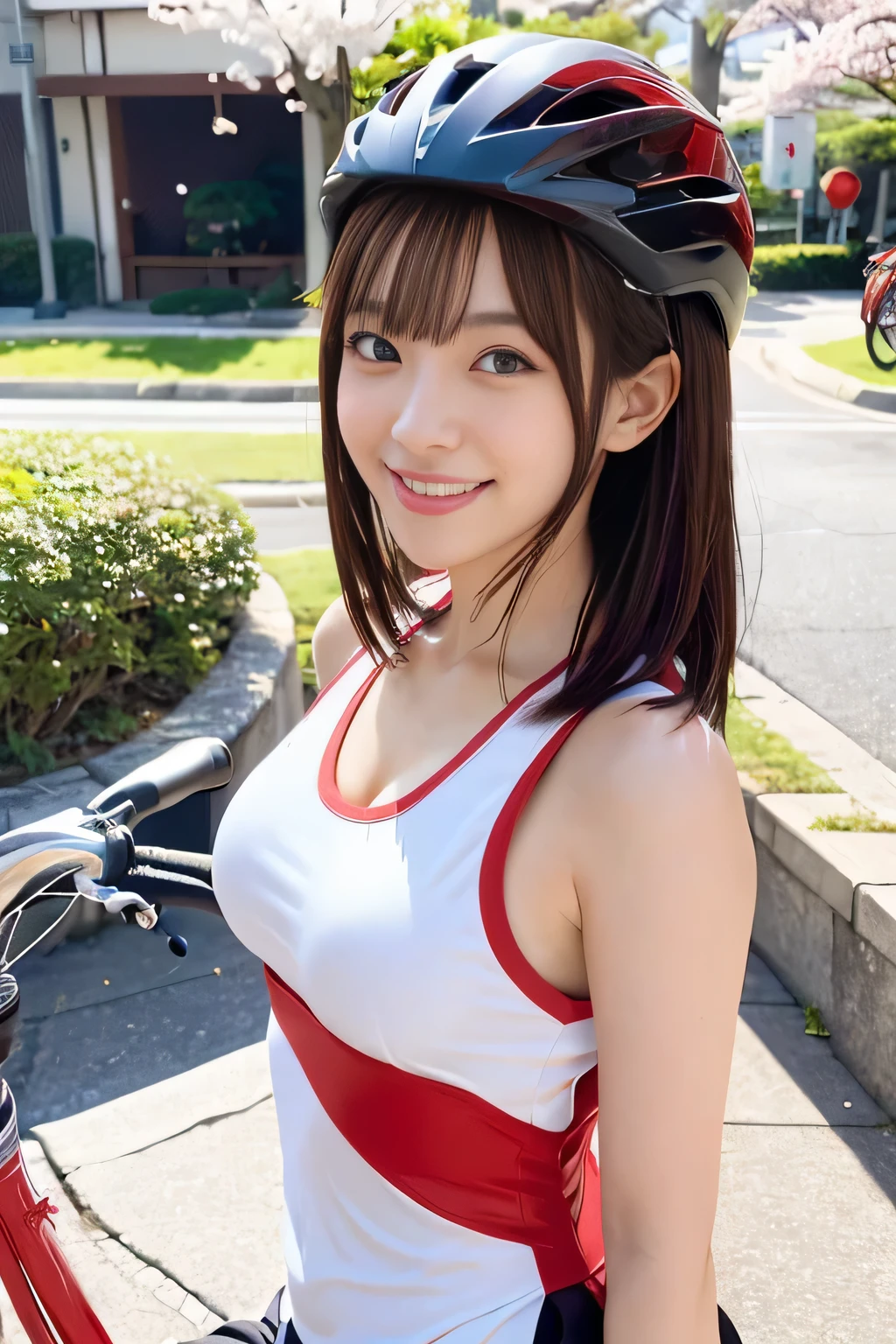 Ride a red bike down the hill,japanese animation,cinematic,sunlight,elegant girl ,big ass、cheerful smile,(black、white、red tight bicycle jersey,)black、white、wearing a red bicycle helmet,big breasts,( Shiny reddish brown short hair,)Cherry blossoms with falling petals,detailed hairstyle,very detailed