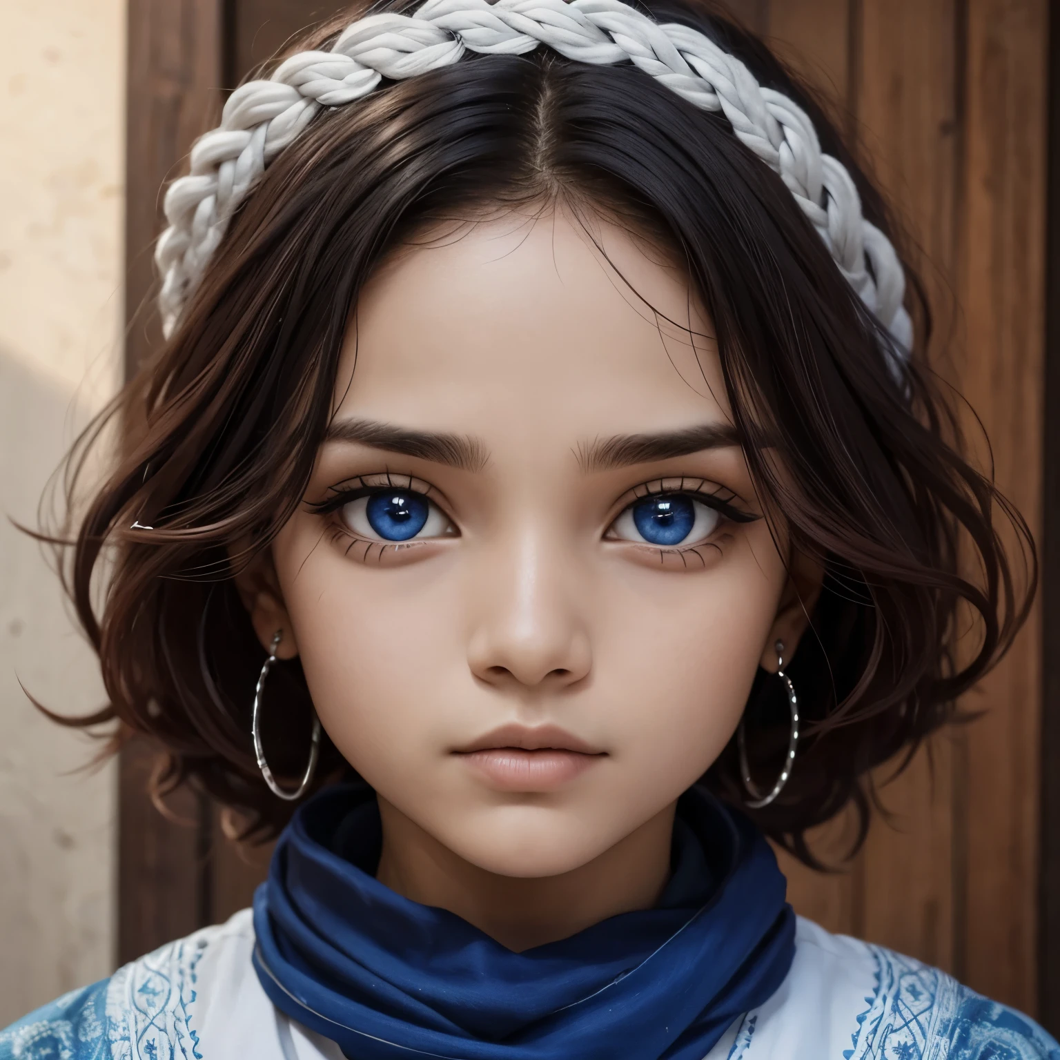 1 chico, cabello pelirrojo rizado, ojos azules, facciones delicadas, mirada fuerte, cejas nonpobladas, piel blanca. Usando hiyab.