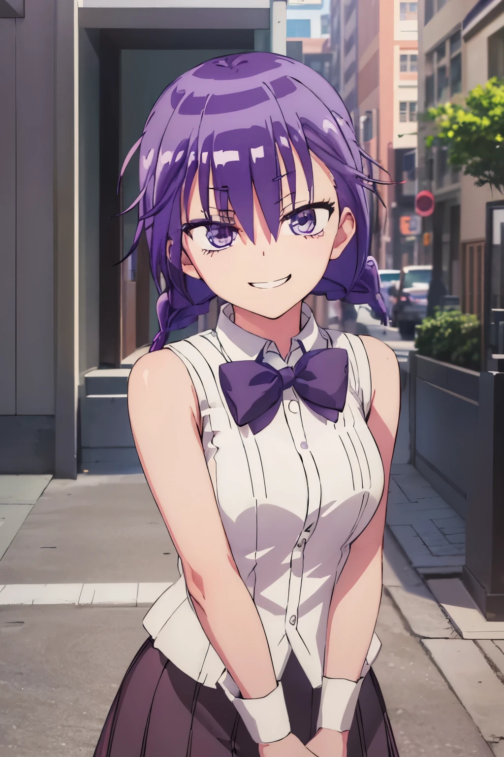 (extremely detailed CG unity 8k wallpaper), (masterpiece), (best quality), (ultra-detailed), (best illustration), (best shadow), (absurdres), 1girl, solo, kominami asumi, shirt, sleeveless, bowtie, purple bowtie, hair between eyes, looking at viewer, smile, smirk, street