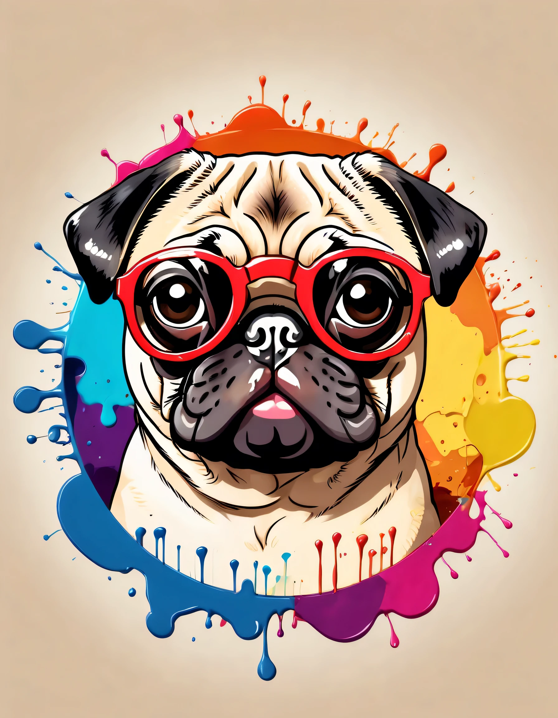 Cute pug wearing big sunglasses, Looking at the camera, in a circle, colorful, ink drips, ink circles, coffee stains, digital art, 8K, kawaii 