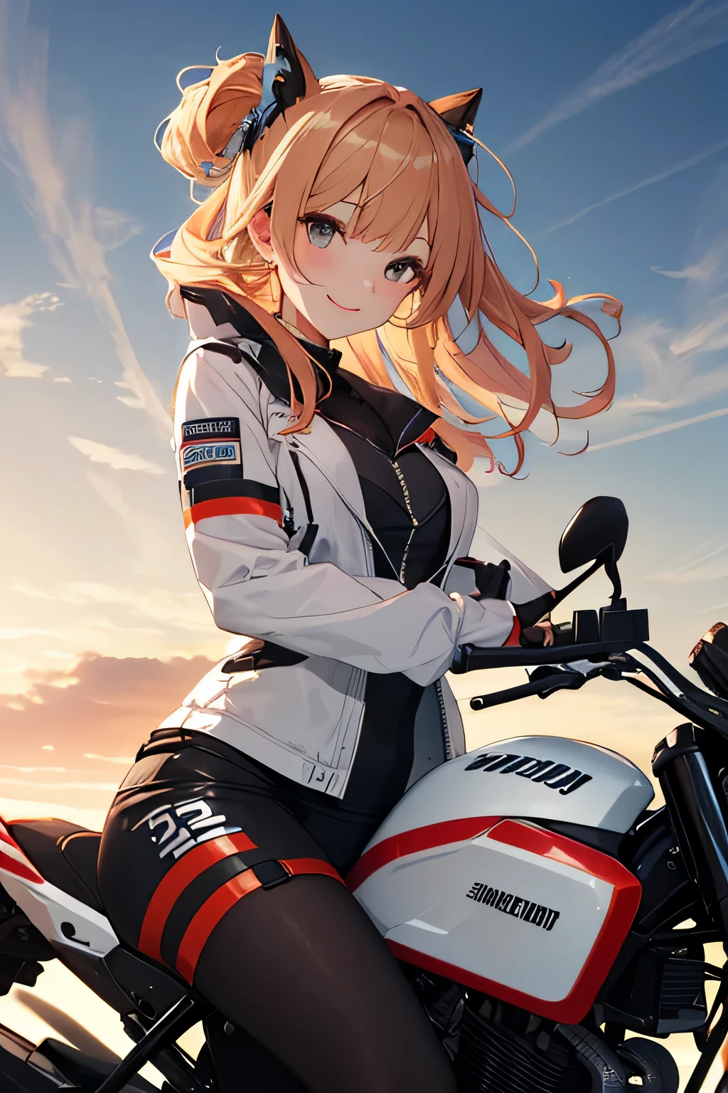 woman,school uniform,(Transparent and revealing clothing:1.3, ),(Cybergirl rides through the sky on a colorful custom-painted motorcycle:1.3), Shiny light brown and orange striped short hair,cute smile,perfect round face,A cheerful smile that makes the viewer happy,proper body proportions,table top,Ultra high quality output image,High resolution,intricate details,very delicate and beautiful hair,realistic pictures,dream-like,professional lighting,realistic shadow,focus only,beautiful hands,beautiful fingers,Detailed functions of fingers,Detailed features of the garment,Detailed characteristics of hair,detailed facial features,