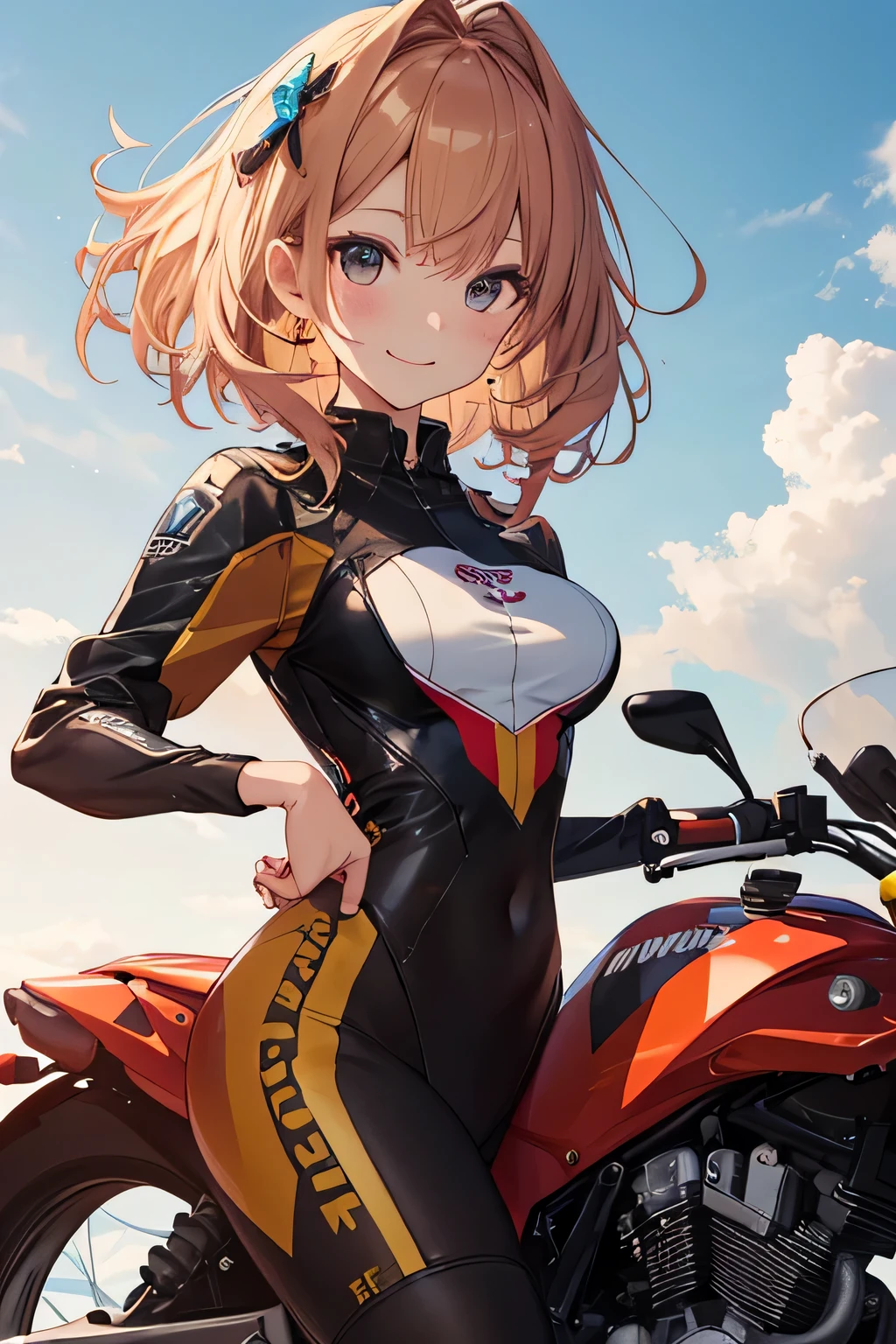 woman,school uniform,(Transparent and revealing clothing:1.3, ),(Cybergirl rides through the sky on a colorful custom-painted motorcycle:1.3), Shiny light brown and orange striped short hair,cute smile,perfect round face,A cheerful smile that makes the viewer happy,proper body proportions,table top,Ultra high quality output image,High resolution,intricate details,very delicate and beautiful hair,realistic pictures,dream-like,professional lighting,realistic shadow,focus only,beautiful hands,beautiful fingers,Detailed functions of fingers,Detailed features of the garment,Detailed characteristics of hair,detailed facial features,
