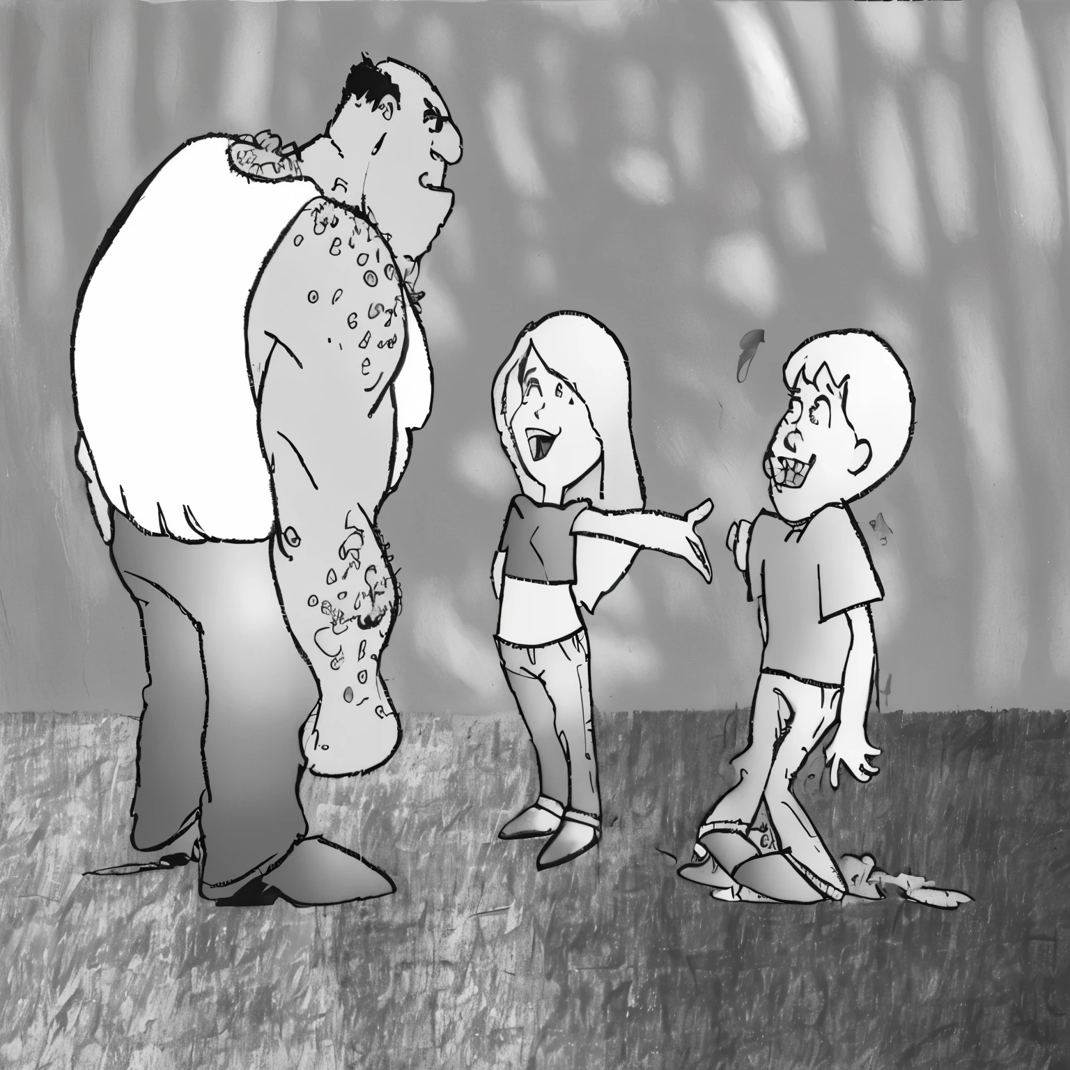 DESENHO ANIMADO of a man and two children are standing in a field, DESENHO ANIMADO, filme de animação ainda, ameaçador!, sombreamento de tela, ilustração em quadrinhos, children's DESENHO ANIMADO, cena de filme animado, film still from an DESENHO ANIMADO, ameaçador!!!, animação ainda, tinta de filme animado da Disney, filme de animação ainda, inspirado em Richard Corben, scary DESENHO ANIMADOs, tinta e screentone