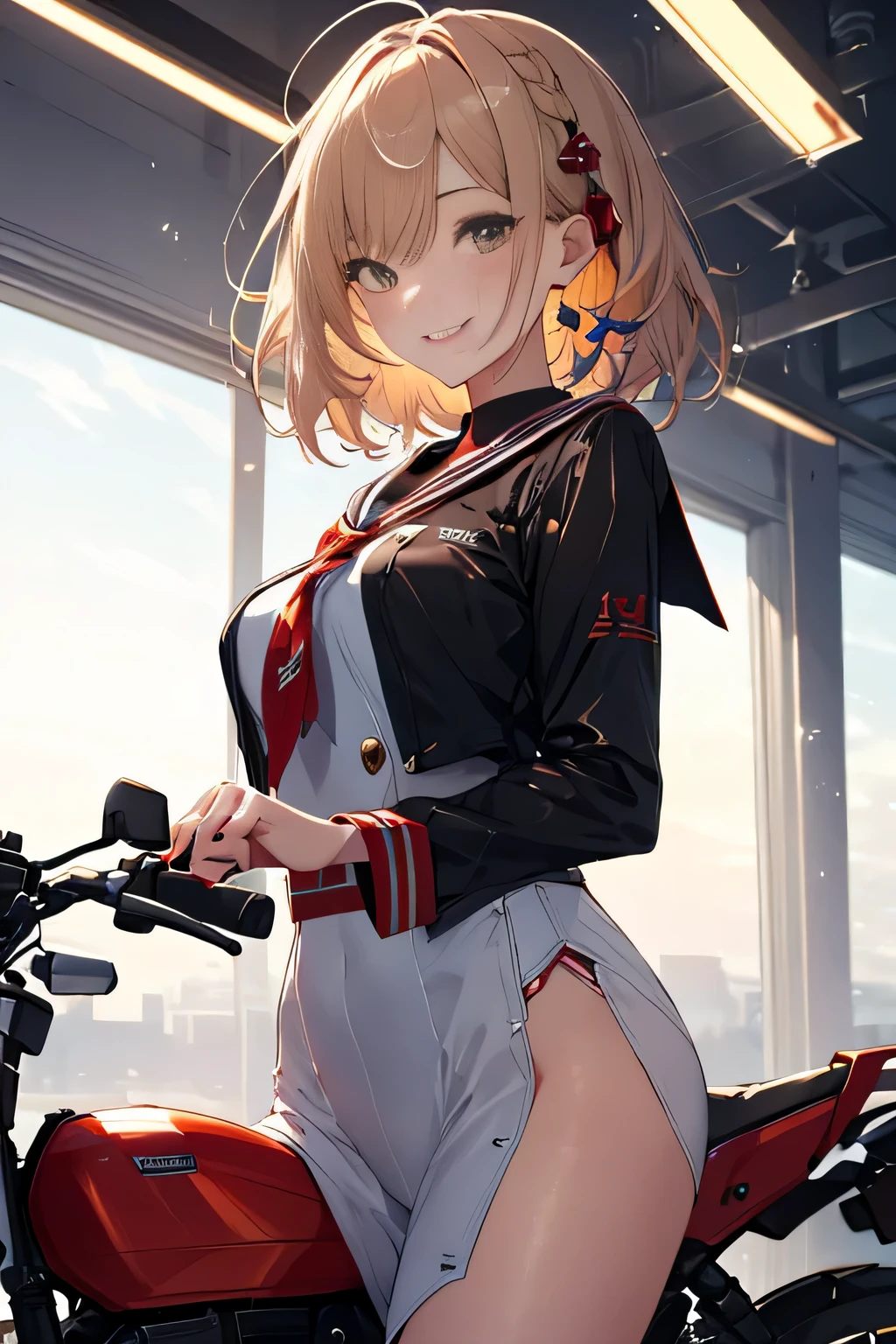 woman in sailor suit,school uniform,(A woman wearing a transparent sailor suit:1.3, ),(Cybergirl rides through the sky on a colorful custom-painted motorcycle:1.3), Shiny light brown and orange striped short hair,cute smile,perfect round face,A cheerful smile that makes the viewer happy,proper body proportions,table top,Ultra high quality output image,High resolution,intricate details,very delicate and beautiful hair,realistic pictures,dream-like,professional lighting,realistic shadow,focus only,beautiful hands,beautiful fingers,Detailed functions of fingers,Detailed features of the garment,Detailed characteristics of hair,detailed facial features,