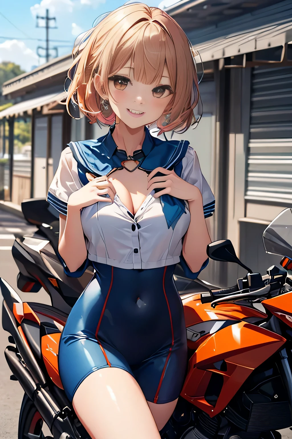 big and full breasts、A transparent white sailor suit that sticks to the chest,school uniform,(A woman wearing a transparent sailor suit:1.3, ),(A woman rides through the sky on a colorful custom-painted motorcycle:1.3), Shiny light brown and orange striped short hair,cute smile,perfect round face,A cheerful smile that makes the viewer happy,proper body proportions,table top,Ultra high quality output image,High resolution,intricate details,very delicate and beautiful hair,realistic pictures,dream-like,professional lighting,realistic shadow,focus only,beautiful hands,beautiful fingers,Detailed functions of fingers,Detailed features of the garment,Detailed characteristics of hair,detailed facial features,(((emphasize the chest:1.3))),(dynamic angle),(dynamic and sexy pose),laughter、cute round face,,(table top,highest quality,超High resolutionの出力画像,) ,(8K quality,),(sea art 2 mode.1),(Image mode Ultra HD,)