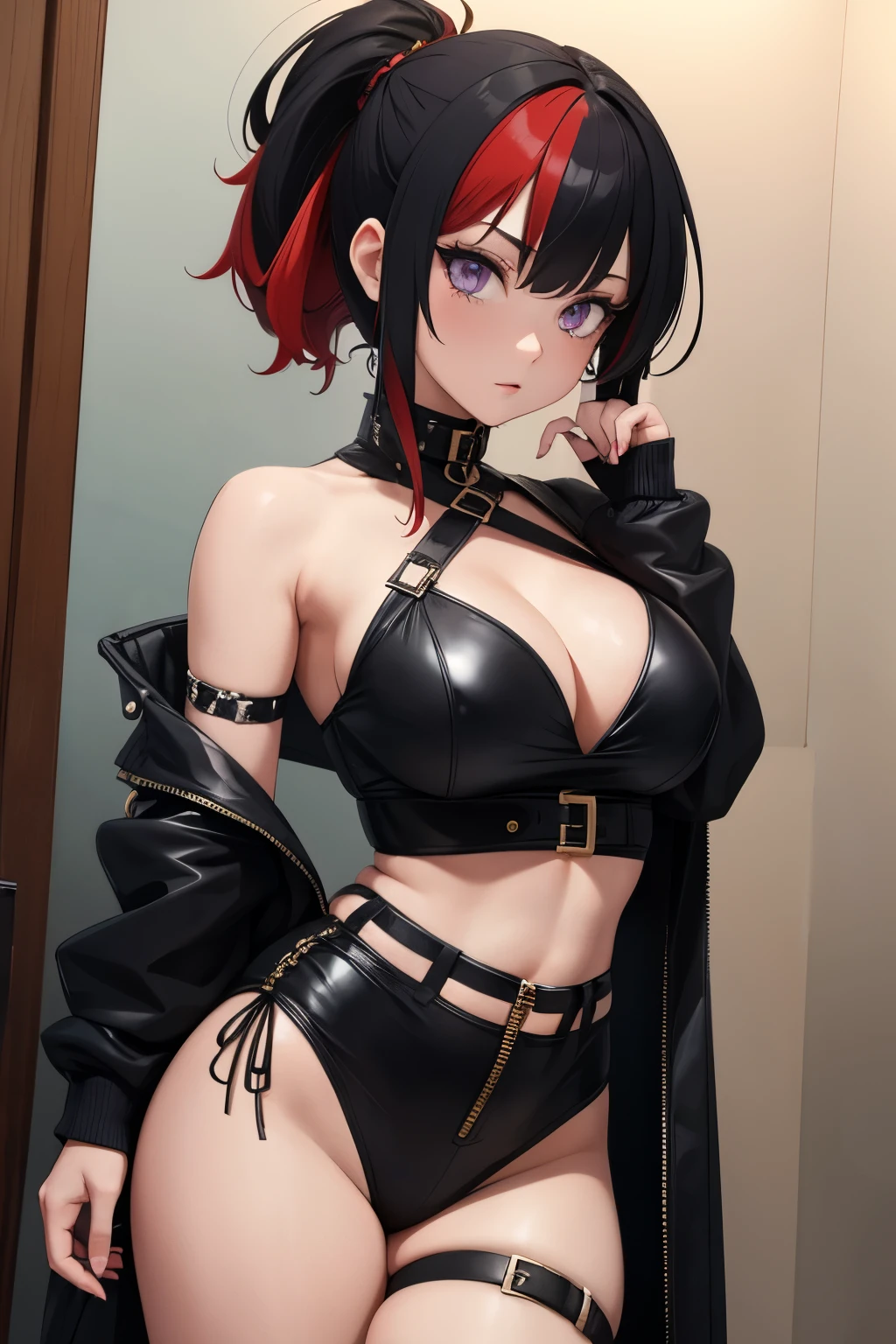 a woman standing in a bathroom, punk style outfit, seductive anime girl, beautiful goth anime girl, detailed digital anime art, black and red hair, goth anime girl with black hair and red hair, black hair with red highlights, beautiful anime girl, beautiful alluring anime woman, masterpiece, detailed hands, medium length hair with red highlights, hair tied up, detailed face, thigh focus, symmetrical eyes, detailed eyes, prominent pupil, 8k eyes, purple eyes,
