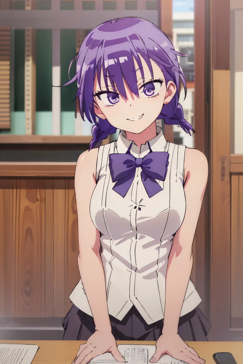 (extremely detailed CG unity 8k wallpaper), (masterpiece), (best quality), (ultra-detailed), (best illustration), (best shadow), (absurdres), 1girl, solo, kominami asumi, shirt, sleeveless, bowtie, purple bowtie, hair between eyes, looking at viewer, smile, smirk, street