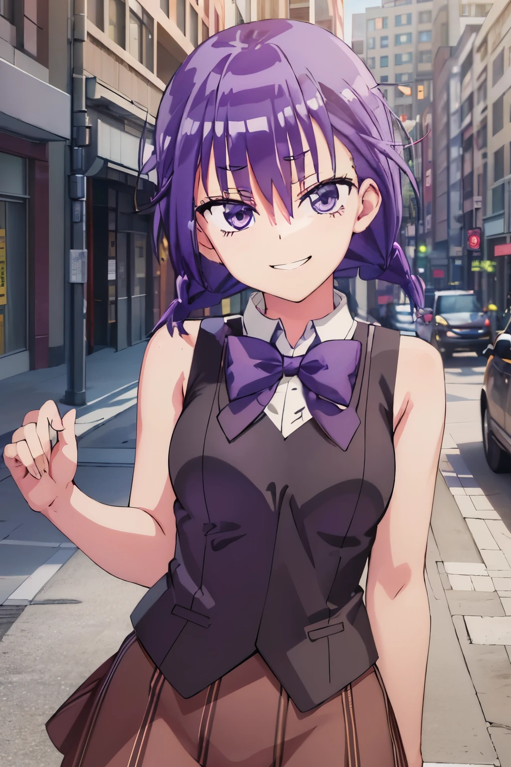 (extremely detailed CG unity 8k wallpaper), (masterpiece), (best quality), (ultra-detailed), (best illustration), (best shadow), (absurdres), 1girl, solo, kominami asumi, shirt, sleeveless, bowtie, purple bowtie, hair between eyes, looking at viewer, smile, smirk, street