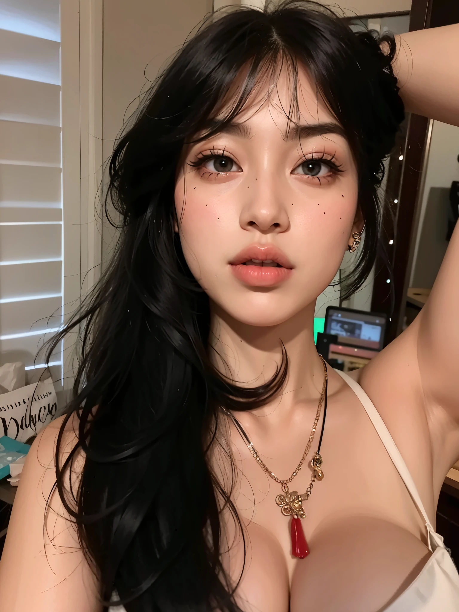 um close de uma mulher com longos cabelos pretos e uma blusa branca, beautiful  Asian, 18 anos de idade, rosto sexy com maquiagem completa,  Asian, Xision Wu, rosto extremamente lindo, thick lips, características Asians, Asian face, with pale skin, cabelo preto e olhos grandes, ela tem cabelo preto com franja, clear, high-quality lips