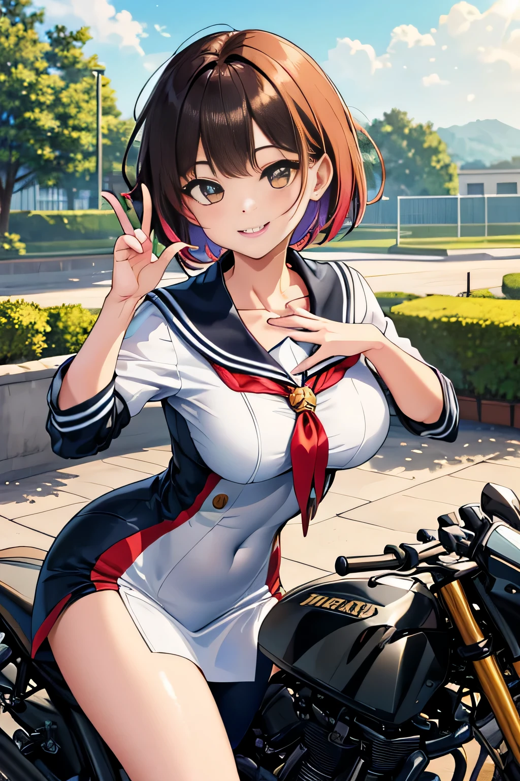 woman in sailor suit,school uniform,(A woman wearing a transparent sailor suit:1.3, ),(A woman rides through the sky on a colorful custom-painted motorcycle:1.3), Shiny light brown and orange striped short hair,cute smile,perfect round face,A cheerful smile that makes the viewer happy,proper body proportions,table top,Ultra high quality output image,High resolution,intricate details,very delicate and beautiful hair,realistic pictures,dream-like,professional lighting,realistic shadow,focus only,beautiful hands,beautiful fingers,Detailed functions of fingers,Detailed features of the garment,Detailed characteristics of hair,detailed facial features,(((emphasize the chest:1.3))),(dynamic angle),(dynamic and sexy pose),laughter、cute round face,,(table top,highest quality,超High resolutionの出力画像,) ,(8K quality,),(sea art 2 mode.1),(Image mode Ultra HD,)