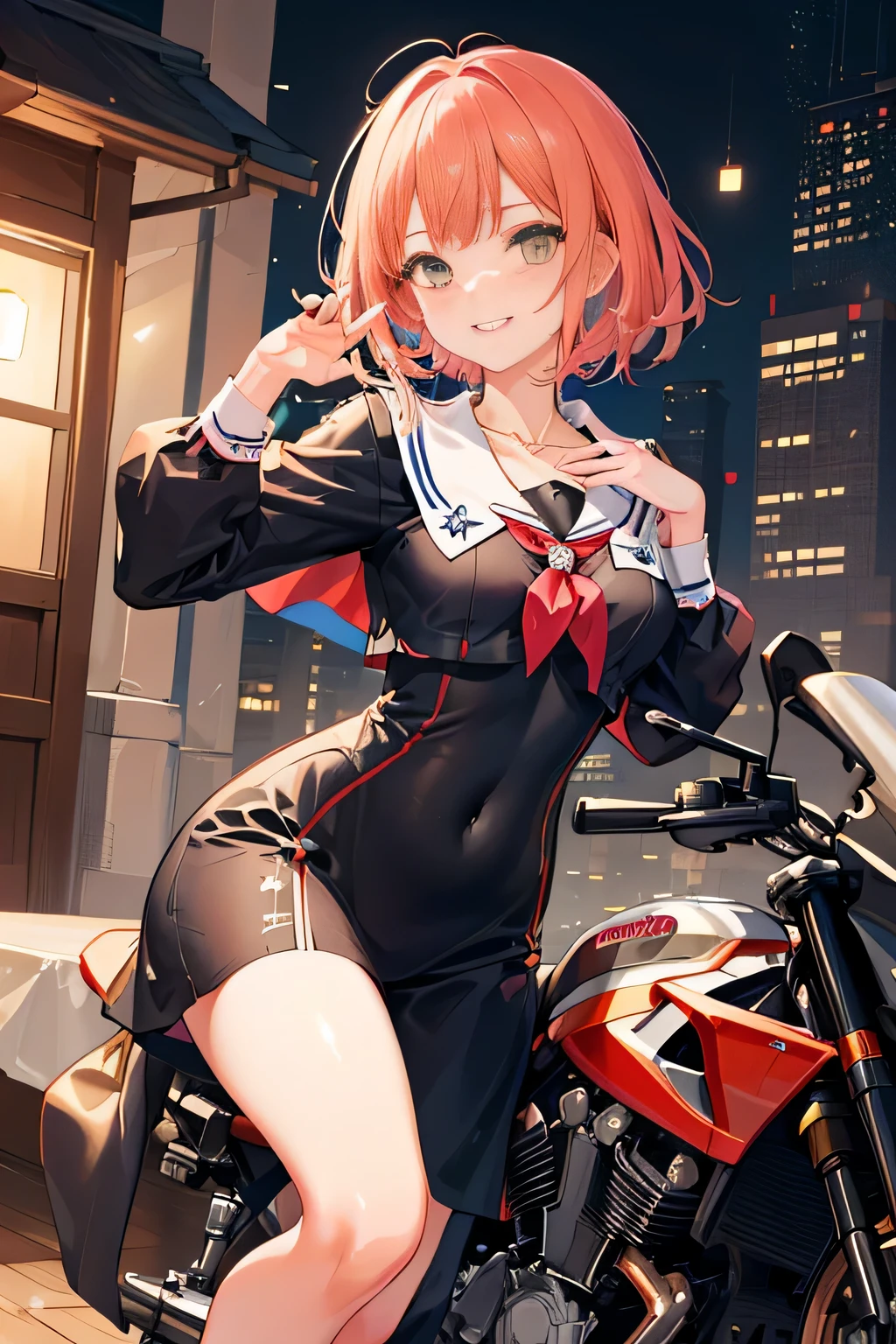 woman in sailor suit,school uniform,(A woman wearing a transparent sailor suit:1.3, ),(A woman rides through the sky on a colorful custom-painted motorcycle:1.3), Shiny light brown and orange striped short hair,cute smile,perfect round face,A cheerful smile that makes the viewer happy,proper body proportions,table top,Ultra high quality output image,High resolution,intricate details,very delicate and beautiful hair,realistic pictures,dream-like,professional lighting,realistic shadow,focus only,beautiful hands,beautiful fingers,Detailed functions of fingers,Detailed features of the garment,Detailed characteristics of hair,detailed facial features,(((emphasize the chest:1.3))),(dynamic angle),(dynamic and sexy pose),laughter、cute round face,,(table top,highest quality,超High resolutionの出力画像,) ,(8K quality,),(sea art 2 mode.1),(Image mode Ultra HD,)