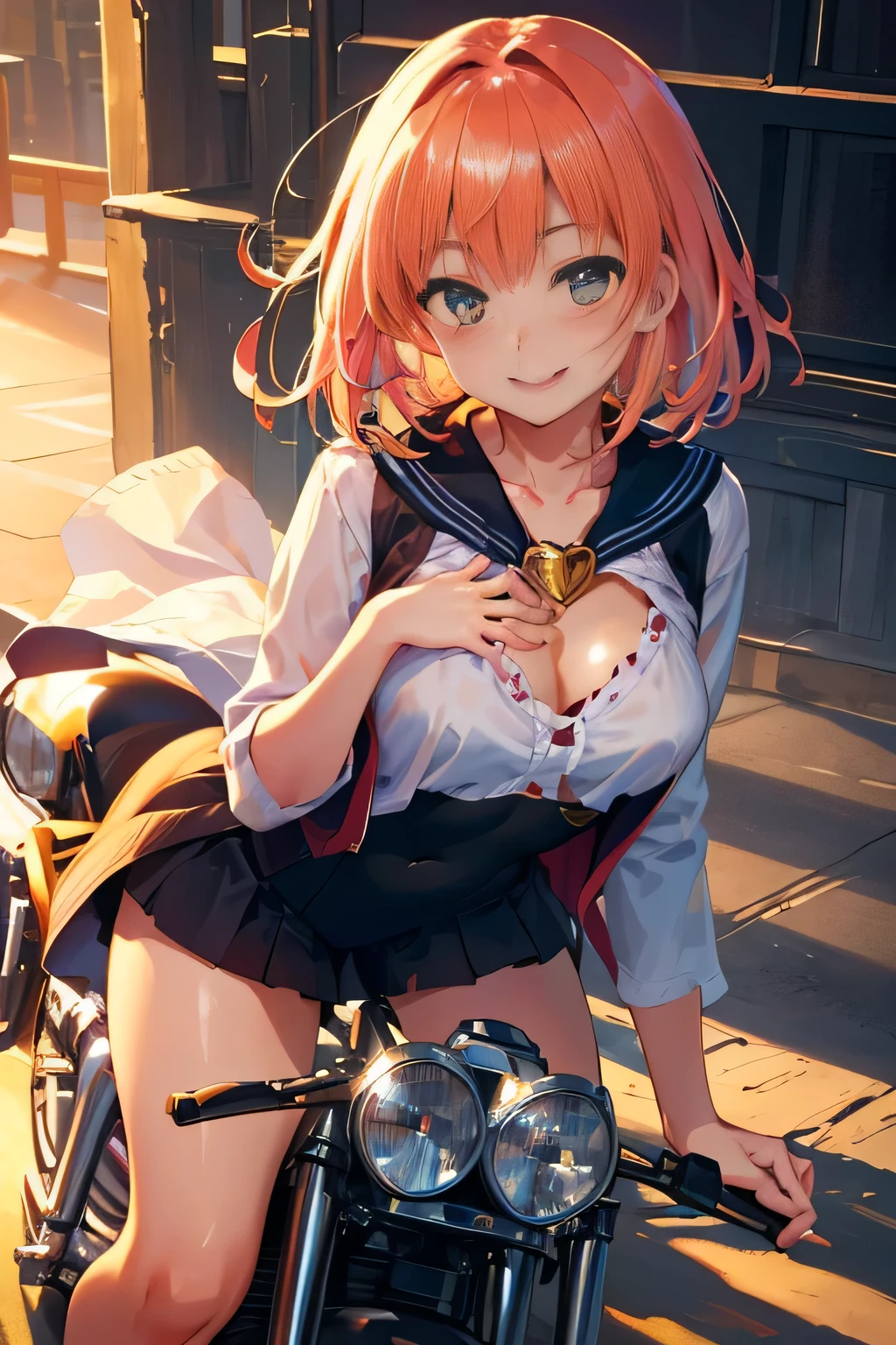 woman in sailor suit,school uniform,(A woman wearing a transparent sailor suit:1.3, ),(A woman rides through the sky on a colorful custom-painted motorcycle:1.3), Shiny light brown and orange striped short hair,cute smile,perfect round face,A cheerful smile that makes the viewer happy,proper body proportions,table top,Ultra high quality output image,High resolution,intricate details,very delicate and beautiful hair,realistic pictures,dream-like,professional lighting,realistic shadow,focus only,beautiful hands,beautiful fingers,Detailed functions of fingers,Detailed features of the garment,Detailed characteristics of hair,detailed facial features,(((emphasize the chest:1.3))),(dynamic angle),(dynamic and sexy pose),laughter、cute round face,,(table top,highest quality,超High resolutionの出力画像,) ,(8K quality,),(sea art 2 mode.1),(Image mode Ultra HD,)