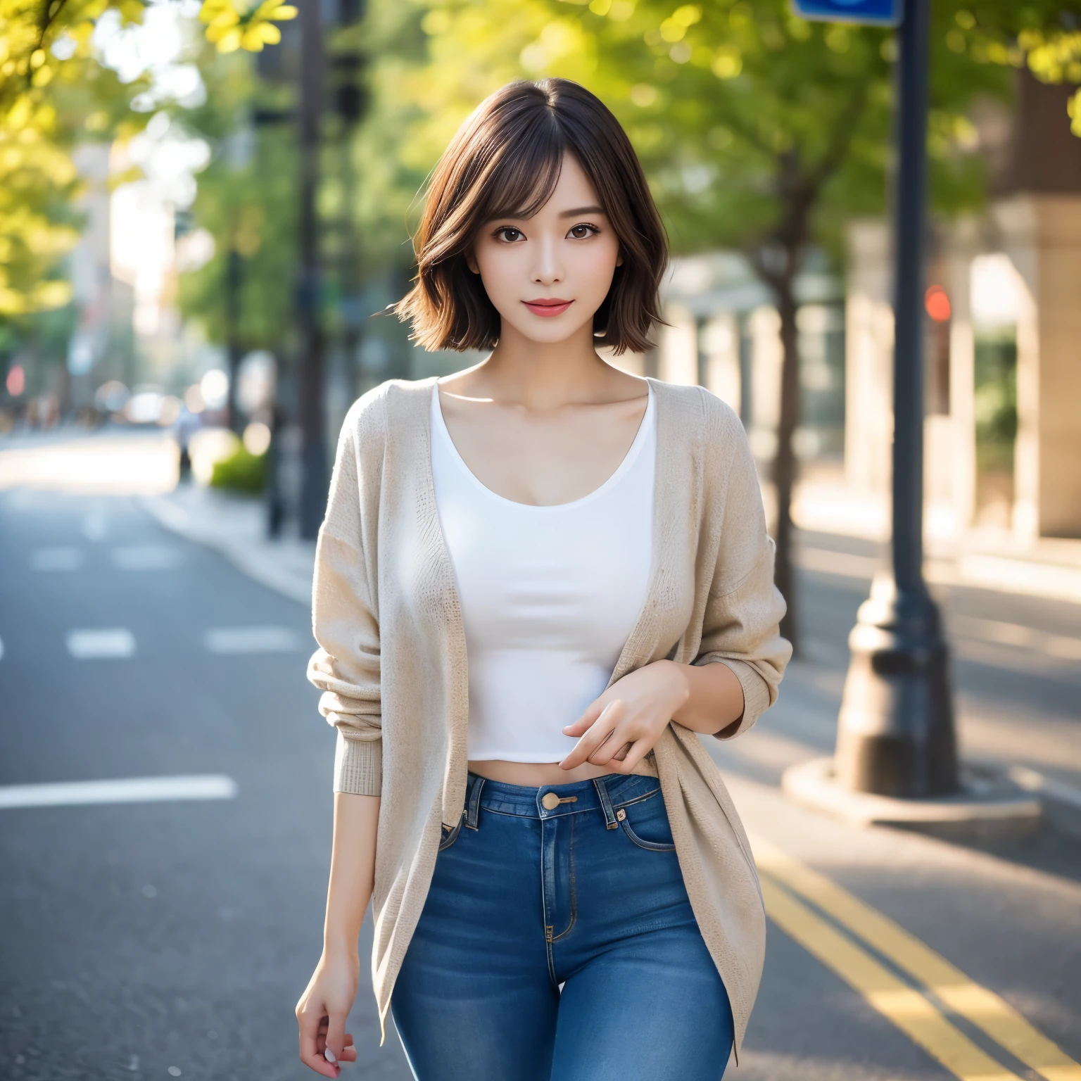 (highest quality、table top、8k、best image quality、Award-winning work)、one beautiful woman、25 years old、perfect beautiful composition、[clavicle]、(very short bob hair:1.1)、(Wear an elegant cardigan:1.1)、(perfect and most natural cardigan:1.3)、(tight short jeans pants:1.1)、(very big breasts:1.1)、(emphasize body line:1.1)、(Boldly exposing bare thighs:1.2)、(Full body photo:1.1)、smile looking at me、(Strongly blurred precise walking course background:1.1)、(Stop gracefully on a walking course:1.1)、droopy eyes、natural makeup、Ultra high definition beautiful face、Ultra high-definition hair、Super high-definition sparkling eyes、Super high definition glossy lips、accurate anatomy