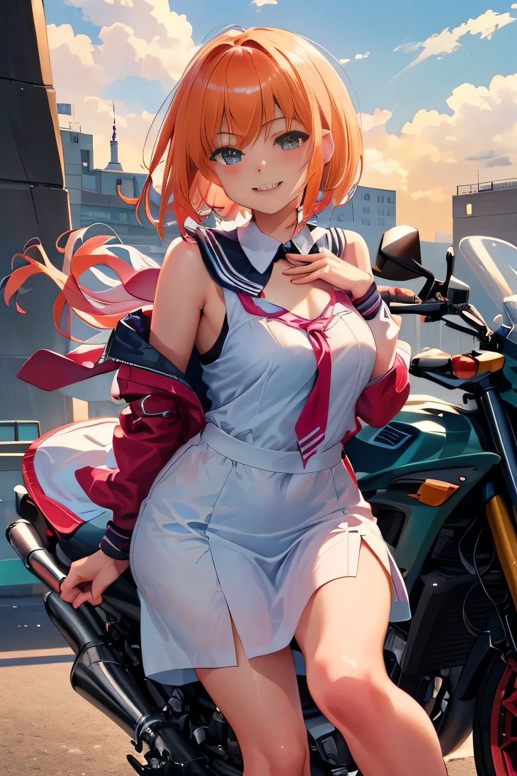 woman in sailor suit,school uniform,(A woman wearing a transparent sailor suit:1.3, ),(A woman rides through the sky on a colorful custom-painted motorcycle:1.3), Shiny light brown and orange striped short hair,cute smile,perfect round face,A cheerful smile that makes the viewer happy,proper body proportions,table top,Ultra high quality output image,High resolution,intricate details,very delicate and beautiful hair,realistic pictures,dream-like,professional lighting,realistic shadow,focus only,beautiful hands,beautiful fingers,Detailed functions of fingers,Detailed features of the garment,Detailed characteristics of hair,detailed facial features,(((emphasize the chest:1.3))),(dynamic angle),(dynamic and sexy pose),laughter、cute round face,,(table top,highest quality,超High resolutionの出力画像,) ,(8K quality,),(sea art 2 mode.1),(Image mode Ultra HD,)