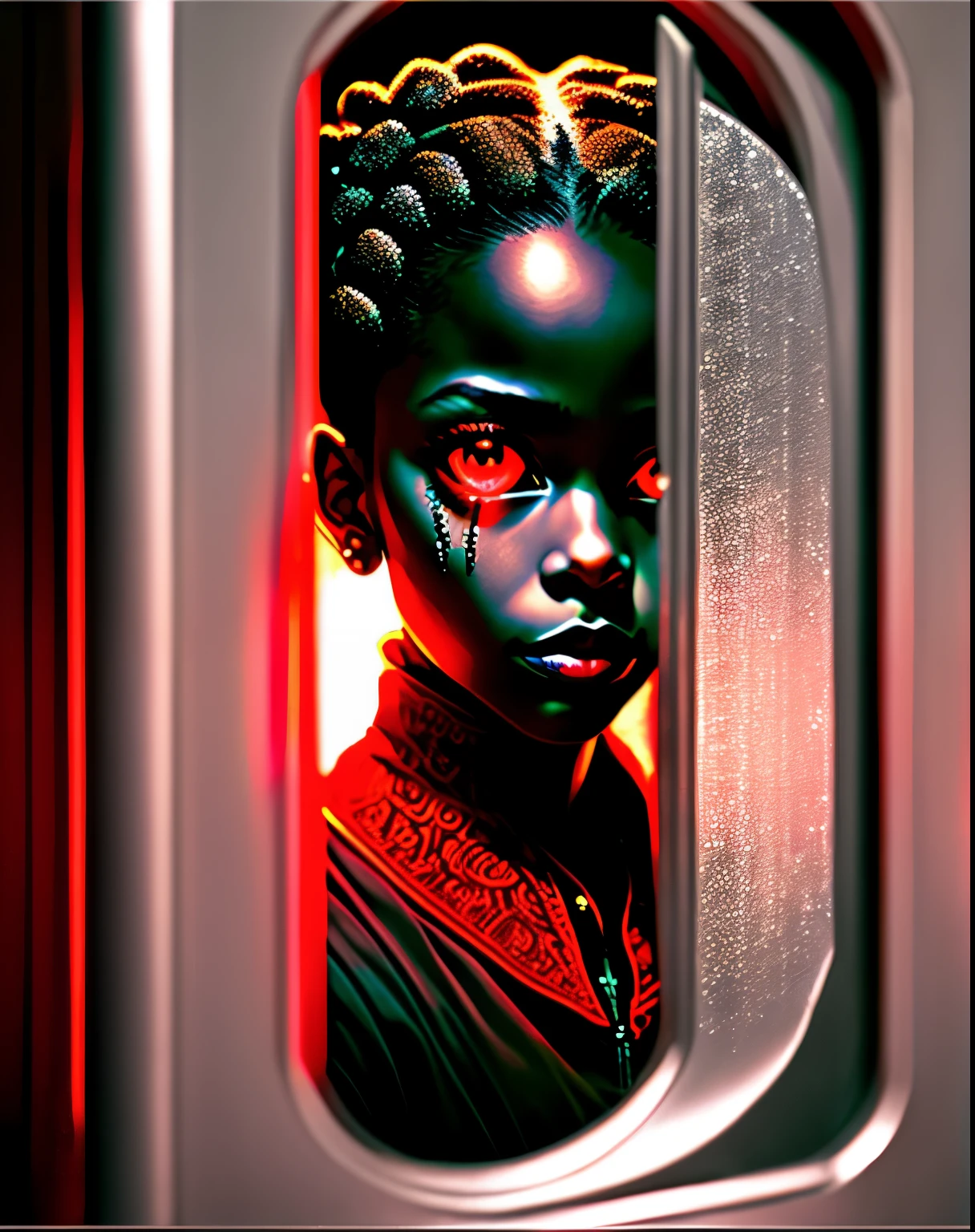 Pitch black person, mirrors background, levitating, sweating red drops