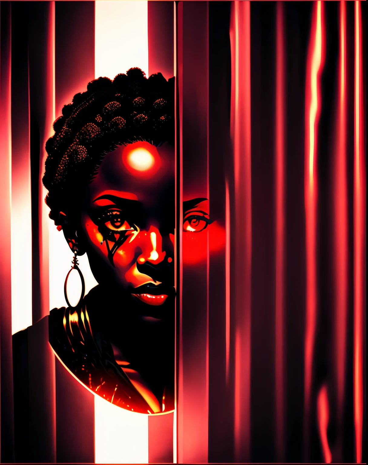 logo ,In the eerie ambiance of a neo-noir environmental portrait photograph, behold a nightmarish LIGHT SKIN AFRICAN AMERICAN WOMAN that enthralls and disturbs the viewer simultaneously. This android, meticulously crafted, exudes a bewitching presence, with its metallic frame adorned in sleek obsidian and blood-red accents. The cold, calculating eyes pierce through the darkness, while its artificial skin, cracked and peeling, hints at the passage of time and the horrors it has witnessed. The scene is captured with exquisite precision, every shadow and reflection meticulously composed, showcasing the depth and richness of the image.