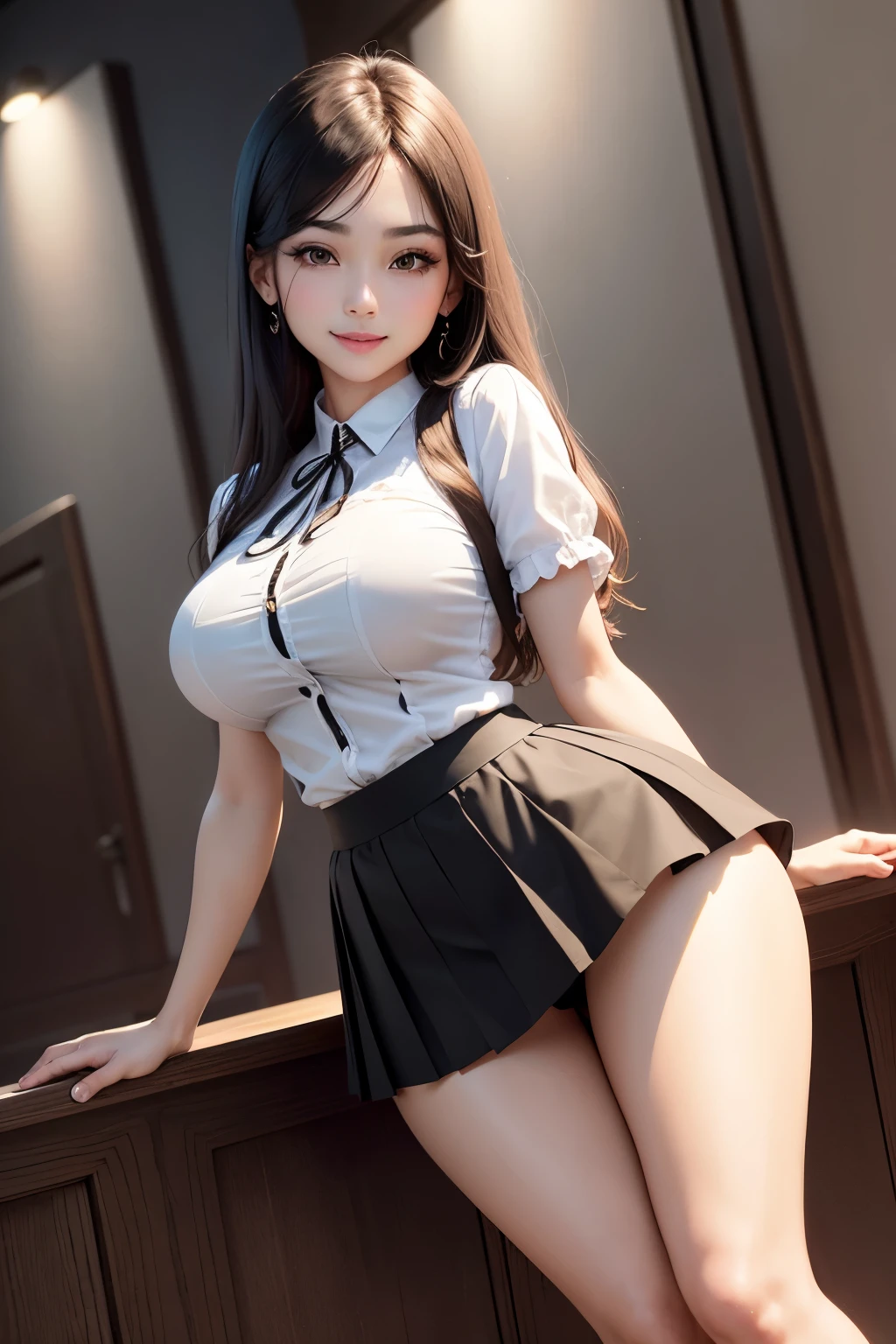 Superior image quality、high resolution、A detailed face、Mexican women in perfect style、affectionate smile、pleated skirt、tight skirts、a miniskirt、long skirt、big breasts thin waist、slender legs,black thighs