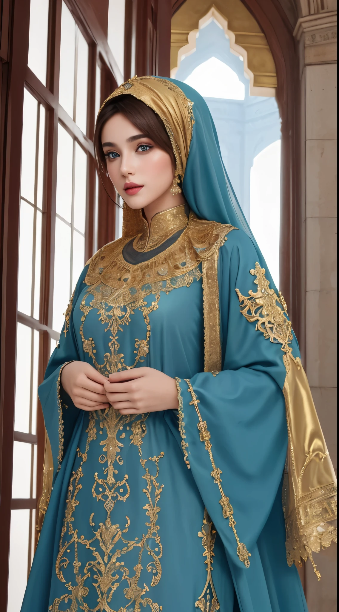 (master piece: 1.3), (8k, photoreallistic, Photo brute, beste-Qualit: 1.4), (1fille), beau visage, (realistic face), (cheveux rouges , cheveux long rouges1.3), belle coiffure, Realistic Crystal Brilliant Bright Eyes Bright, beautiful detailed eyes ،green eyes, brilliant European beauty, (realistic skin), belle peau, (tirer), absurdes, attrayant, ultra highres, ultra realist, highly detailed, Golden number wearing a arabic Islamic caftan outfit half red half blue with hijab,