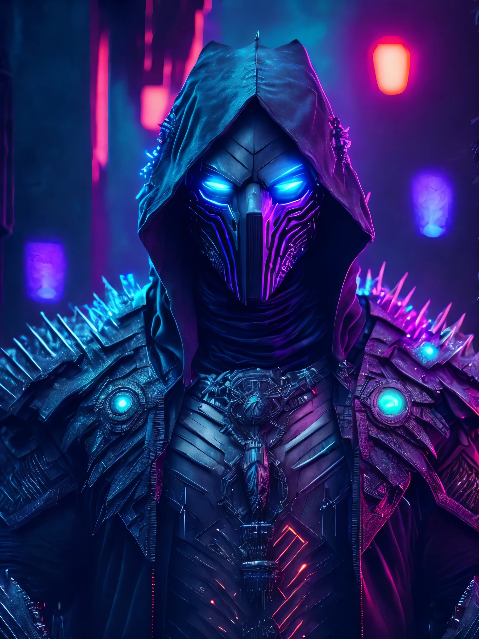  Reaper portrait from Marvel dressed as predator with intricate angular cybernetic implants inside a brutalist building, gothic brutalist graveyard, cyberpunk, Foto premiada, Bokeh, Neon lights, cybernetic, fireworks in the background.