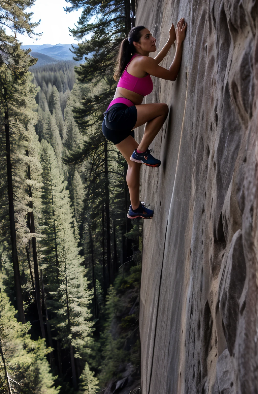 a high contrast climbing wall in a lush green valley with towering trees, vibrant colors, detailed rock texture, adventurous mountaineer scaling the wall, dramatic lighting, cinematic composition, photorealistic, masterpiece
