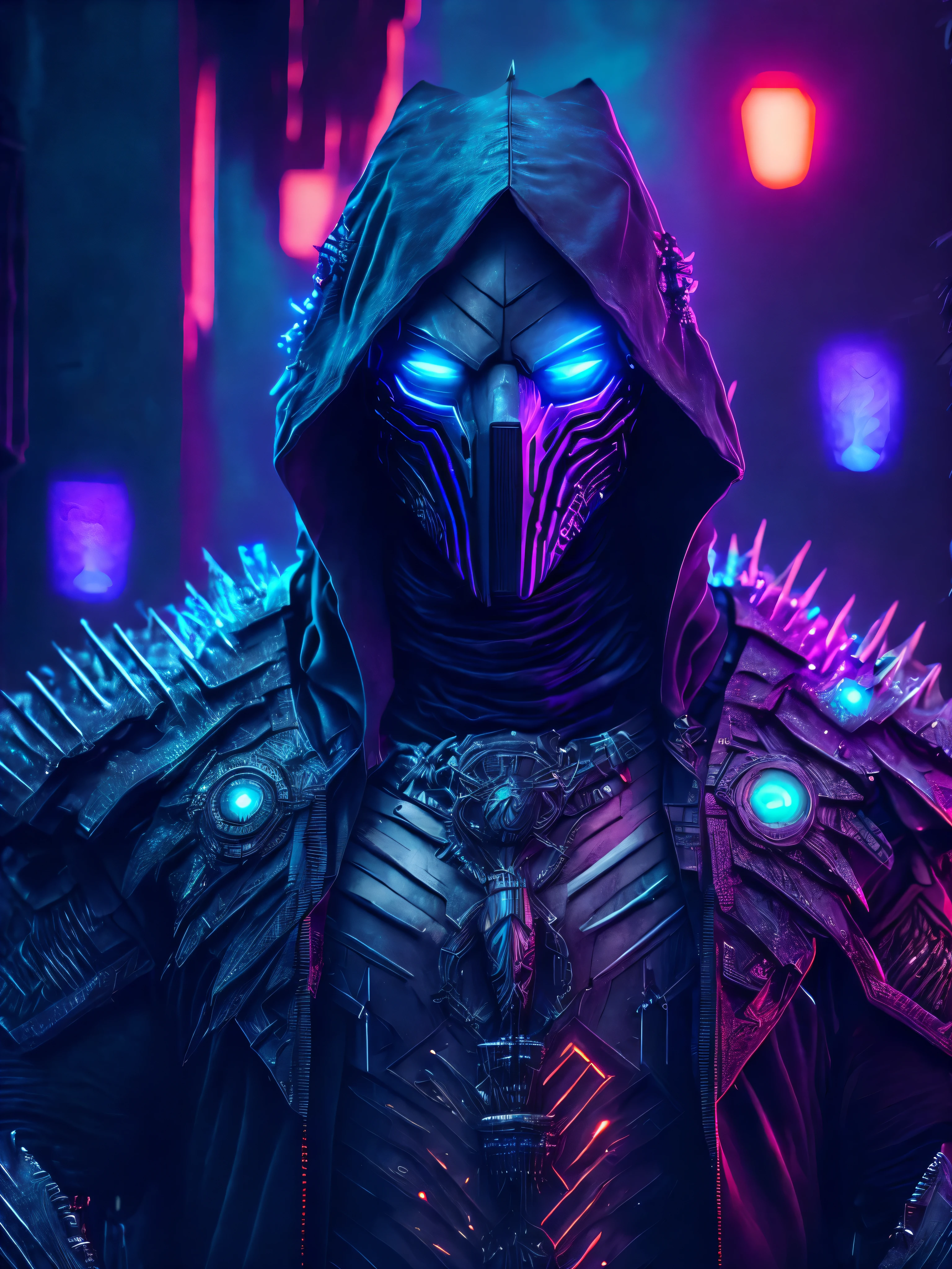 gloomy portrait of God Scarecrow from DC, extremely detailed, futuristic cityscape, nighttime, glowing neon lights, smoke, sparks, metal shavings, flying debris, blue energy effects, volumetric light