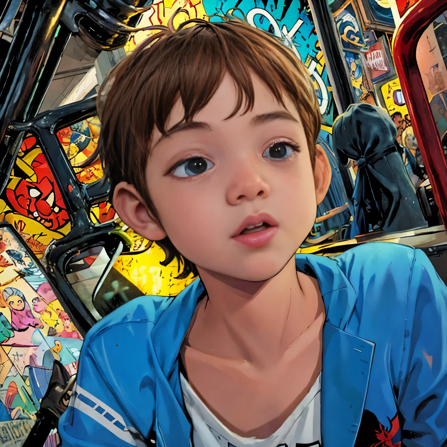 (((A comic style, cartoon art))). ((1boy, solo, lonly)).Best quality, masterpiece, high resolution, 1 male, 6yo, black spiderman suit,, curly hair, Tindal effect,ism realism, dark studio, edge light, two-tone light, (high-detail skin: 1.2), 8K UHD, DSLR, soft light, high quality, volumetric light, photo, resolution high 4K,8K,  ((Abstract Comic background )) , vivid colors, detailed, detailed face, realistic shadows and bright, glowing.