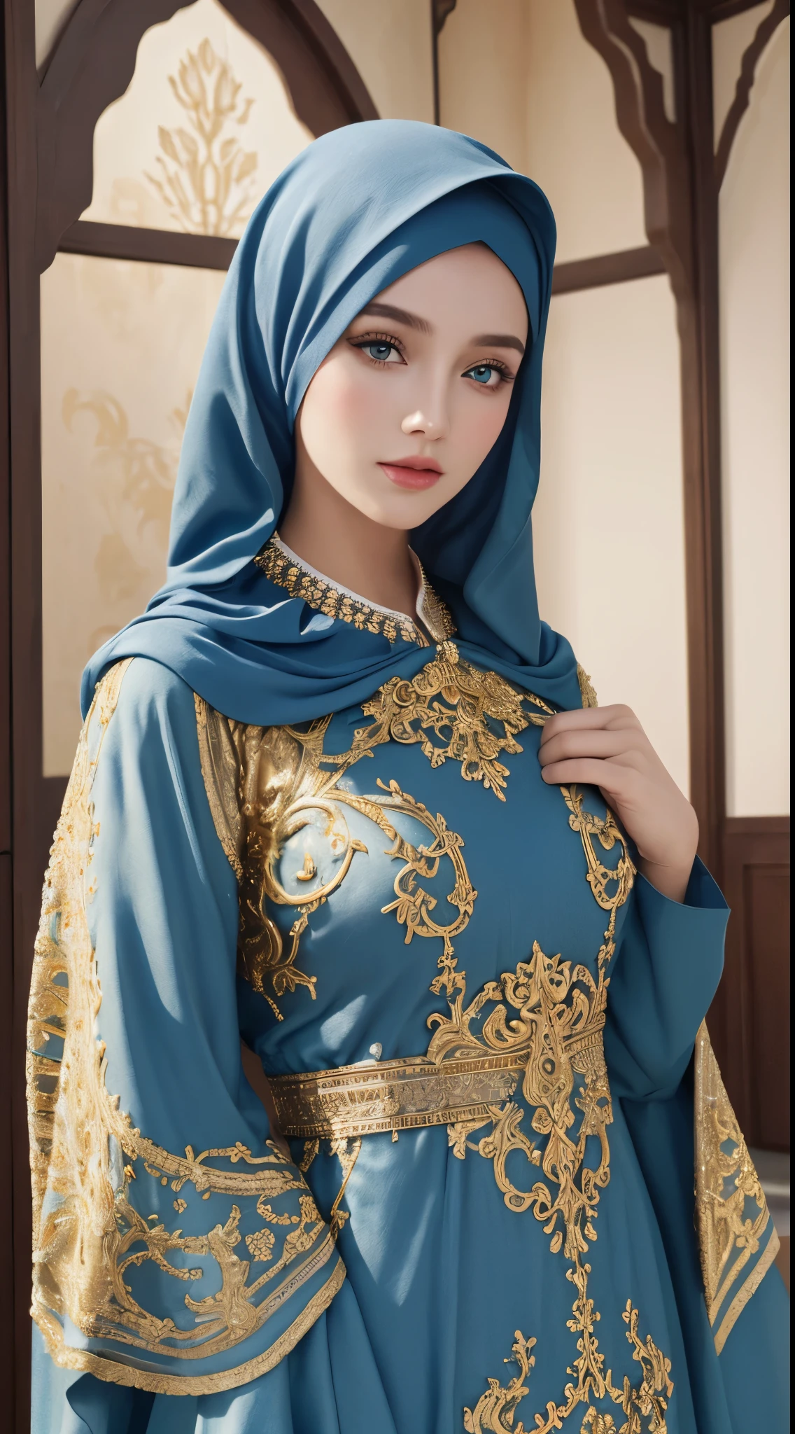 (master piece: 1.3), (8k, photoreallistic, Photo brute, beste-Qualit: 1.4), (1fille), beau visage, (realistic face), (cheveux rouges , cheveux long rouges1.3), belle coiffure, Realistic Crystal Brilliant Bright Eyes Bright, beautiful detailed eyes ،green eyes, brilliant European beauty, (realistic skin), belle peau, (tirer), absurdes, attrayant, ultra highres, ultra realist, highly detailed, Golden number wearing a arabic Islamic caftan outfit half red half blue with hijab,