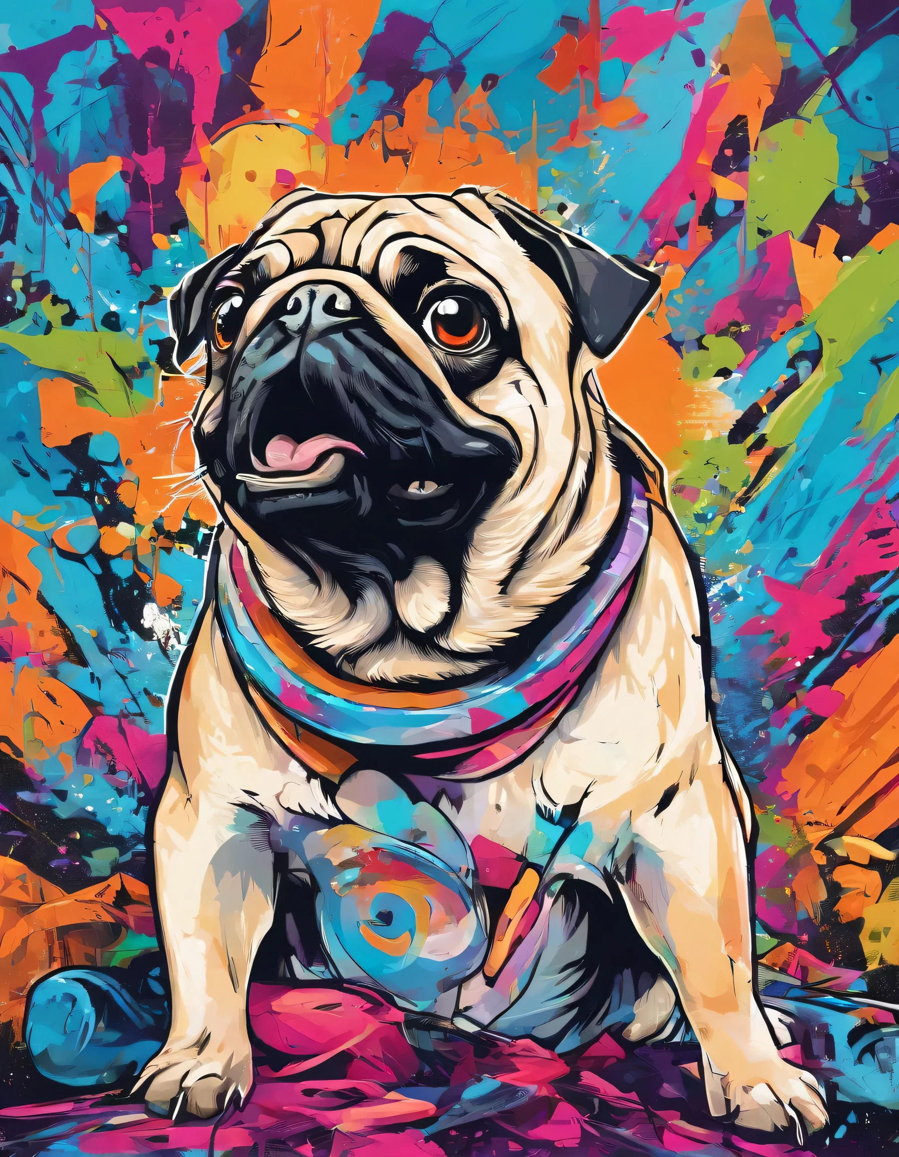 (Best quality,4k,8K,A high resolution,Masterpiece:1.2),ultra detailed,(Realistic,photoRealistic,photo-Realistic:1.37),cute pug,beautiful detailed eyes,beautiful detailed lips,extremely detailed eyes ,Bright colors,веселые Bright colors,Soft lighting,expressive pose,playful facial expression,Friendly smile,tiny claws,Bizarre backstory,art style illustration.