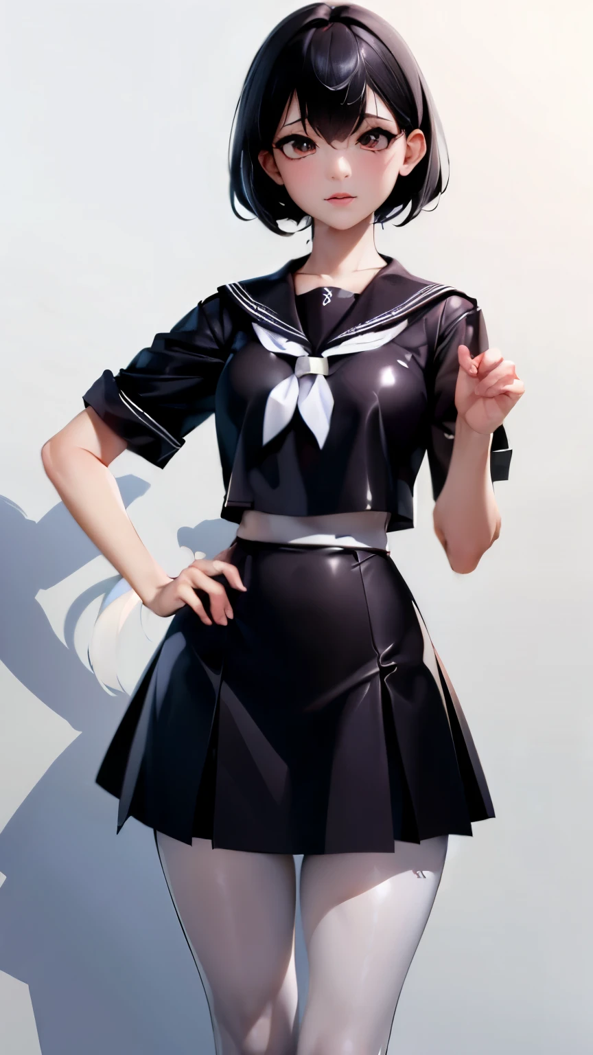 (((masterpiece, highest quality))), 1 girl, sailor suit, skirt, black hair, messy hair, mature, white pantyhose, shiny pantyhose, shiny skin, best lighting, best shadow, disorganized, Are standing, put your hand on your waist, expression of anger, very cute,