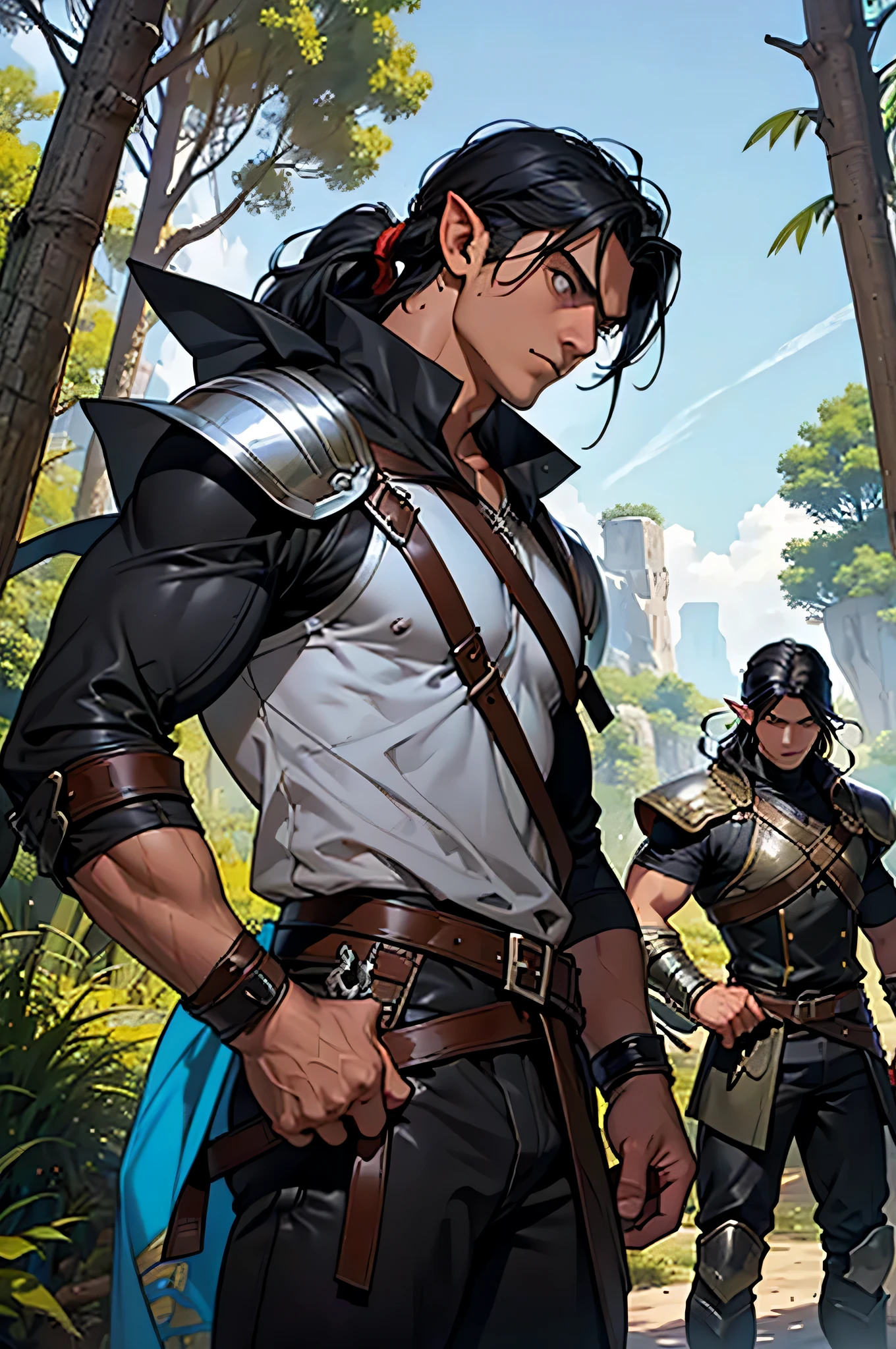scene seen from afar of the mortal combat between two brothers and a mystical giant snake. one of the brothers is a ranger with straight black hair, silver eyes and pointy ears with a sword in hand, the other brother is a muscular archer with leather clothes and a helmet on his head and black hair