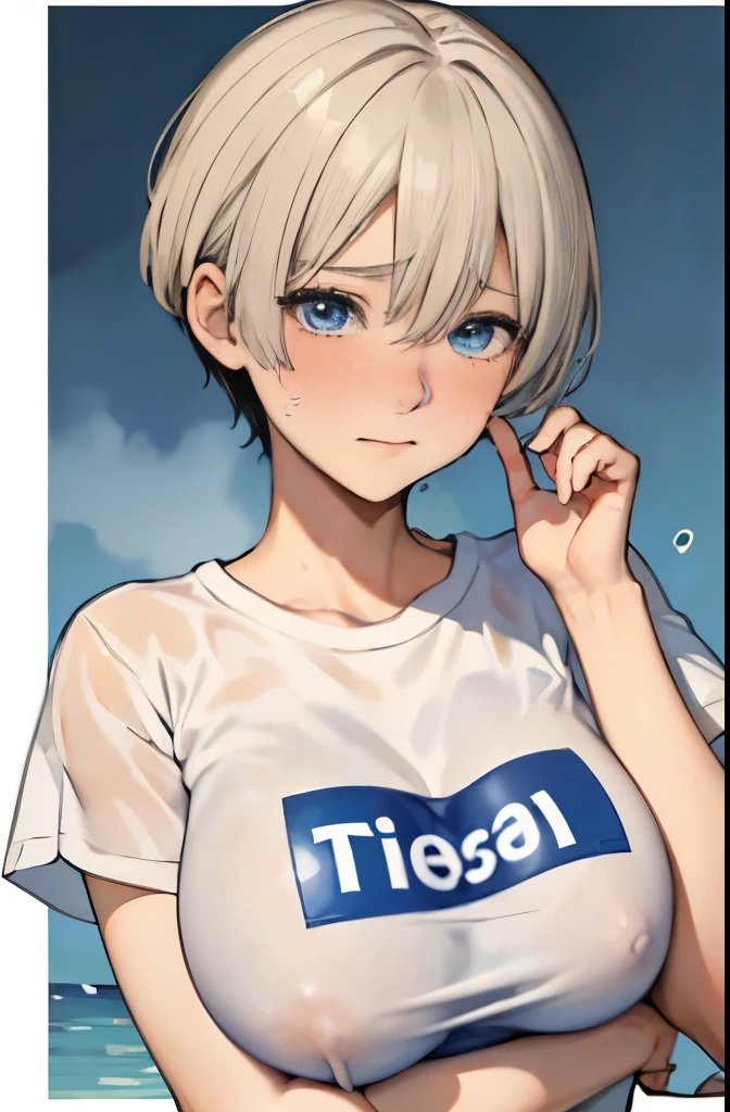 masterpiece、highest quality、be familiar with、1 female、18-year-old、Transparent blue eyes、blonde、black skin、((embarrassed face、blush、Watery eye、full of embarrassment、oil skin、shiny skin)), short hair、Seductive thighs、big breasts、big breastsの谷間、((肩が出ている、着崩れた特大サイズの無地の白いT-shirt)), ((下品)), スクール水着、プール