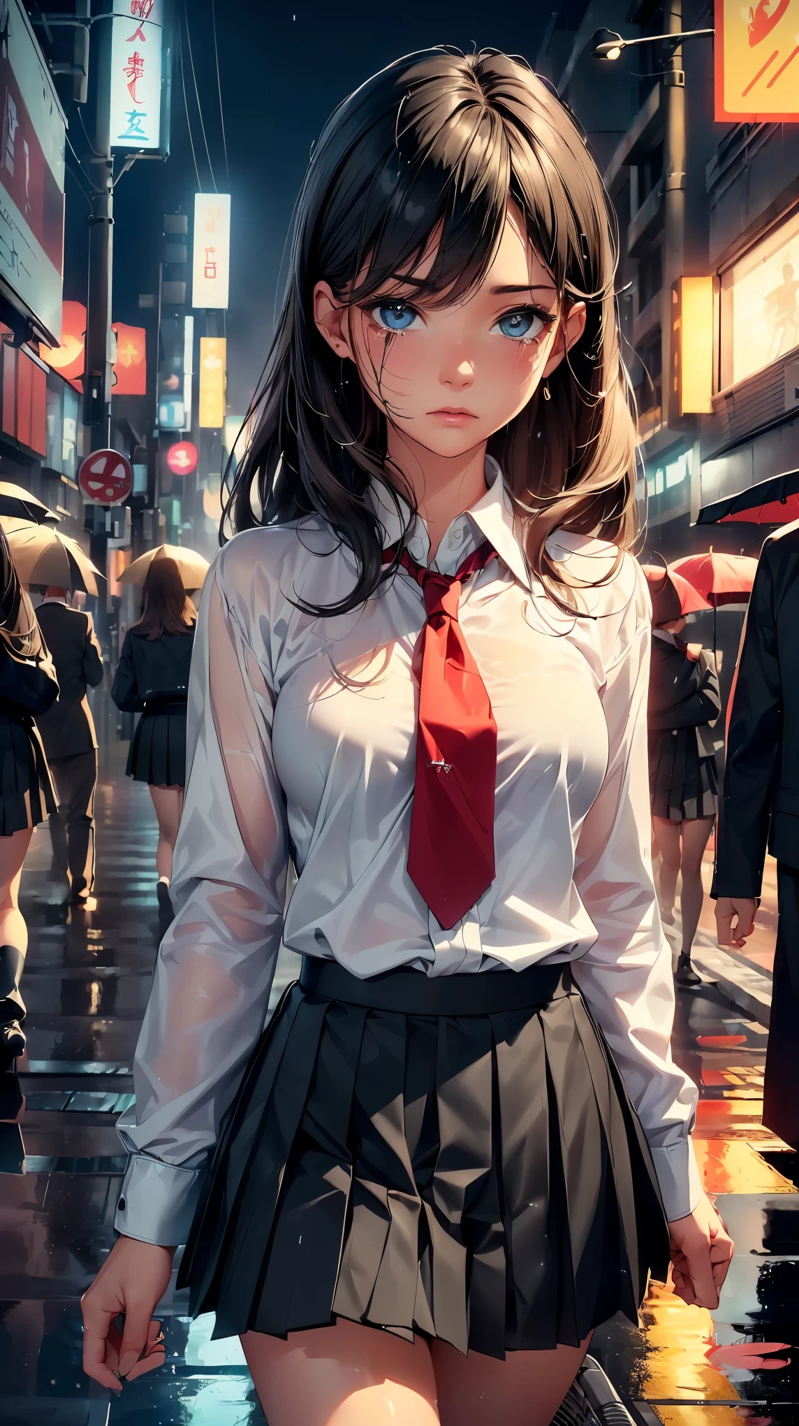 (8K, RAW photo, 最high quality, masterpiece:1.2), High-definition RAW color photo, professional photography, concept art, (((one young woman))), (sharp features), (small face), (high detail skin:1.2), clavicle, cute face, beautiful appearance, beautiful eyelashes, (blonde, blue colored eyes, long hair), (beautiful breasts), (slim body shape:1.4), Highly detailed face and skin texture, detailed eyes, double eyelid, ((lonely girl standing:1.2, Desolate streets of Tokyo)), Subtle raindrops glistening on the street, neon flicker, city traffic passing by, quiet and empty street, Dim Street Lights, Neon lights and raindrops illuminate the darkness, flowing, Wet pavement reflecting city lights, (without using an umbrella, walking around the city at night:1.5), (((Sadness on his face, Hold back your tears:1.2))), Deep shadows and highlights, ((, private high school uniform, White shirt and red tie, black pleated skirt:1.5)), clothes fluttering in the wind, wet clothes, wet hair, reflections on wet pavement, romantic and gloomy, beautiful skin, shiny skin, (((perfect fingers, five fingers, anatomically correct))), background bokeh, high quality, bright colors, ((award winning photography, Realistic light and shadow with attention to detail)), Immersive 3D rendering, Professional 3D artistry,