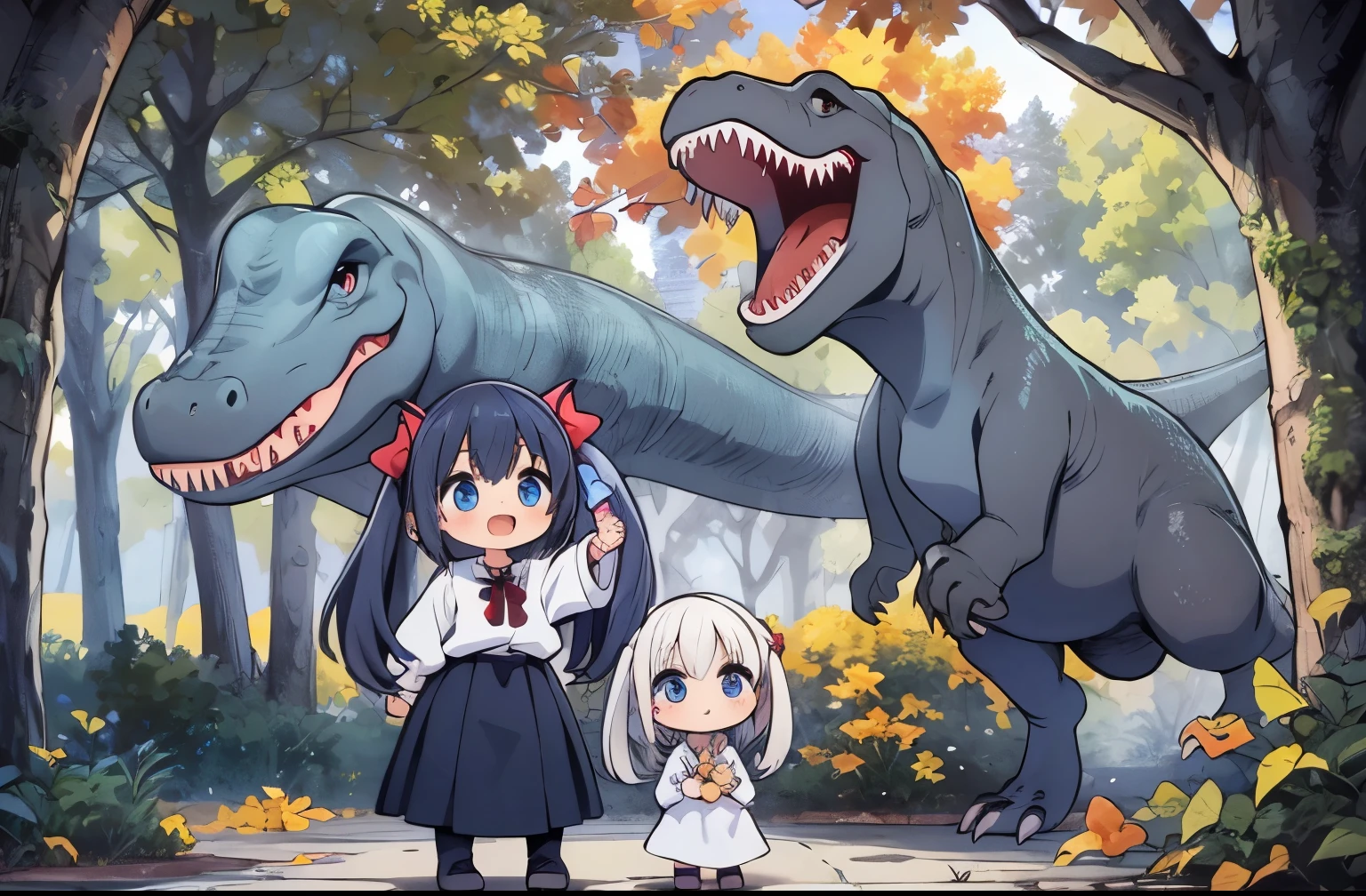 (girl), (t-REX, Tyrannosaurus head:1.3), (Big Museum)、light blue long hair、 Chibi character with twin tails、platinum skin, surprised smile, Earth in primitive times、 Big tree, Little dinosaur