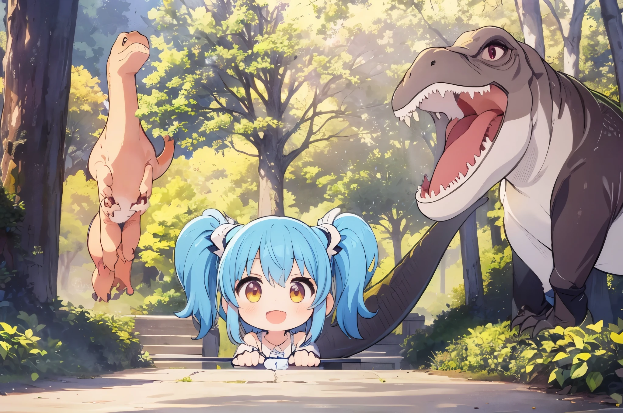 (girl), (t-REX, Tyrannosaurus head:1.3), (Big Museum)、light blue long hair、 Chibi character with twin tails、platinum skin, surprised smile, Earth in primitive times、 Big tree, Little dinosaur
