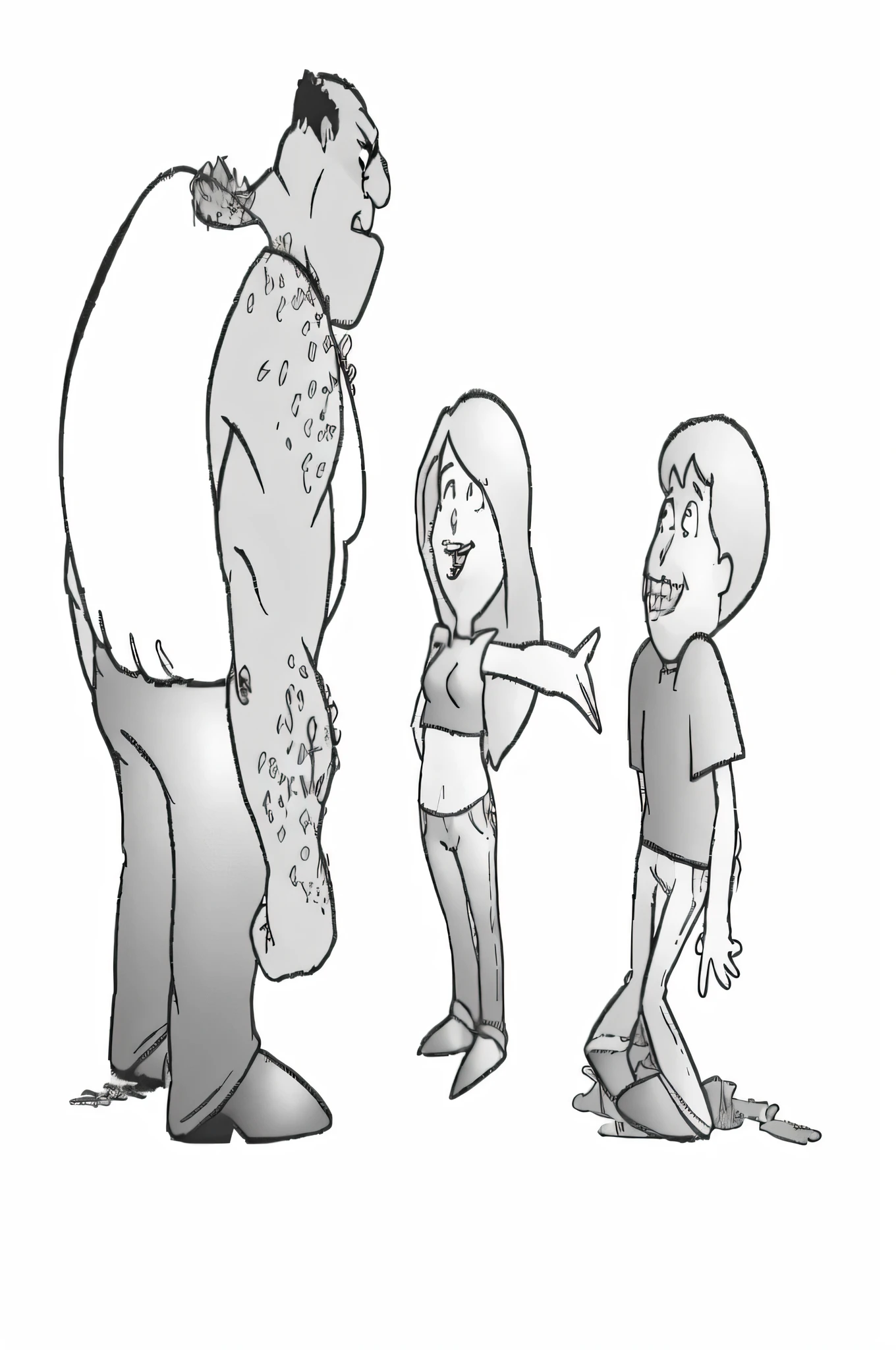 cartoon of a man and a woman talking to a man with a big head, comic illustration, cartoon proportions, exaggerated proportions, comic book illustration, heavy and exaggerated proportions, super exaggerated proportions, tinta de filme animado da Disney, big titan creature in the center, cartoon illustration, Entrada manual do monstro, inspirado em Paul Pelletier, Book illustration , by Derek Hill