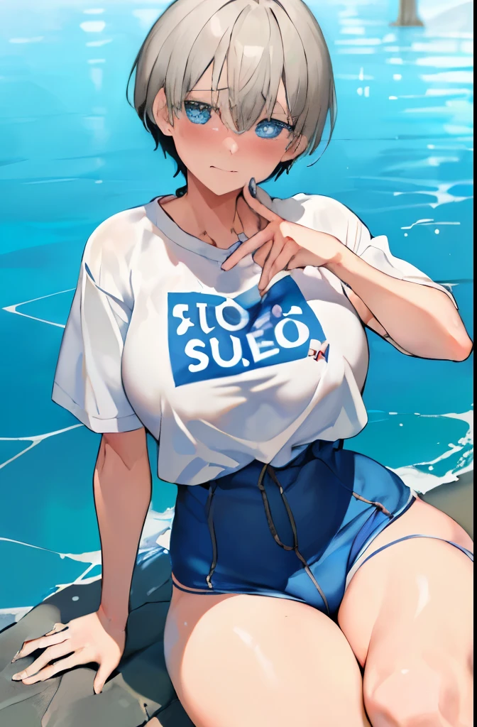 masterpiece、highest quality、be familiar with、1 female、18-year-old、Transparent blue eyes、blonde、black skin、((embarrassed face、blush、Watery eye、full of embarrassment、oil skin、shiny skin)), short hair、Seductive thighs、big breasts、big breastsの谷間、((肩が出ている、着崩れた特大サイズの無地の白いT-shirt、スクール水着、プール)), ((full shot, 下品))