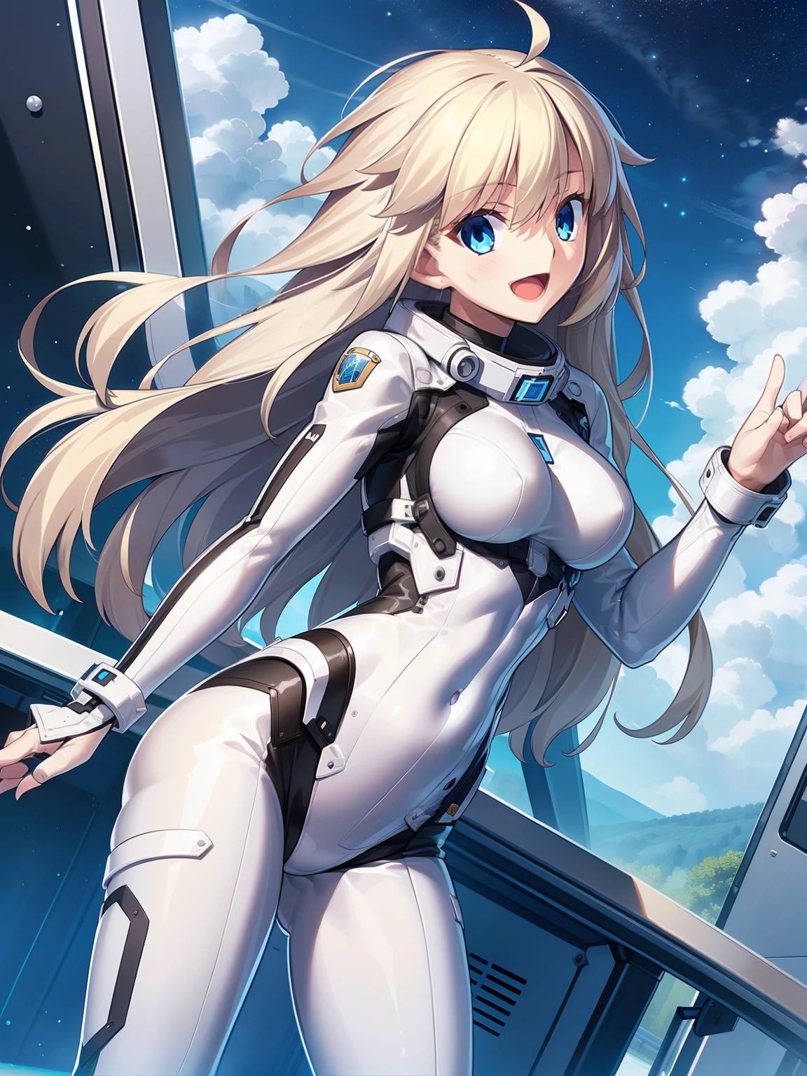 1girl, solo, breasts, looking at viewer, blush, smile, long hair, bangs, large breasts, blonde long hair, long sleeves, blue eyes, :d, bodysuit, bob cut, space, white bodysuit, planet, earth \(planet\), spacesuit BREAK 