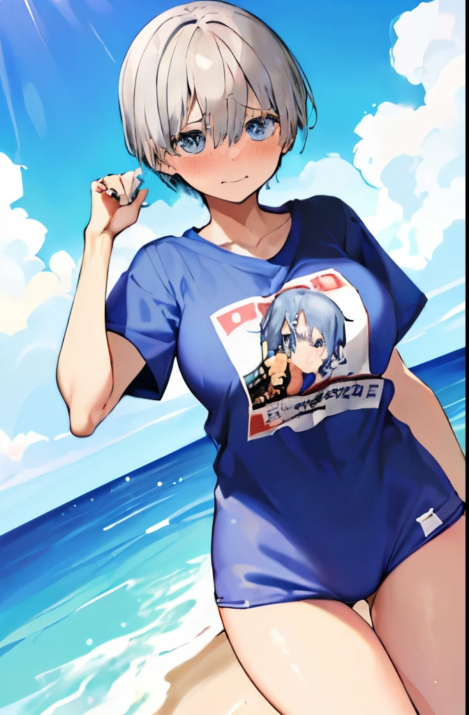 masterpiece、highest quality、be familiar with、1 female、18-year-old、Transparent blue eyes、blonde、black skin、((embarrassed face、blush、Watery eye、full of embarrassment、oil skin、shiny skin)), short hair、Seductive thighs、big breasts、big breastsの谷間、((肩が出ている、着崩れた特大サイズの無地の白いT-shirt、スクール水着、プール)), ((full shot, 下品))