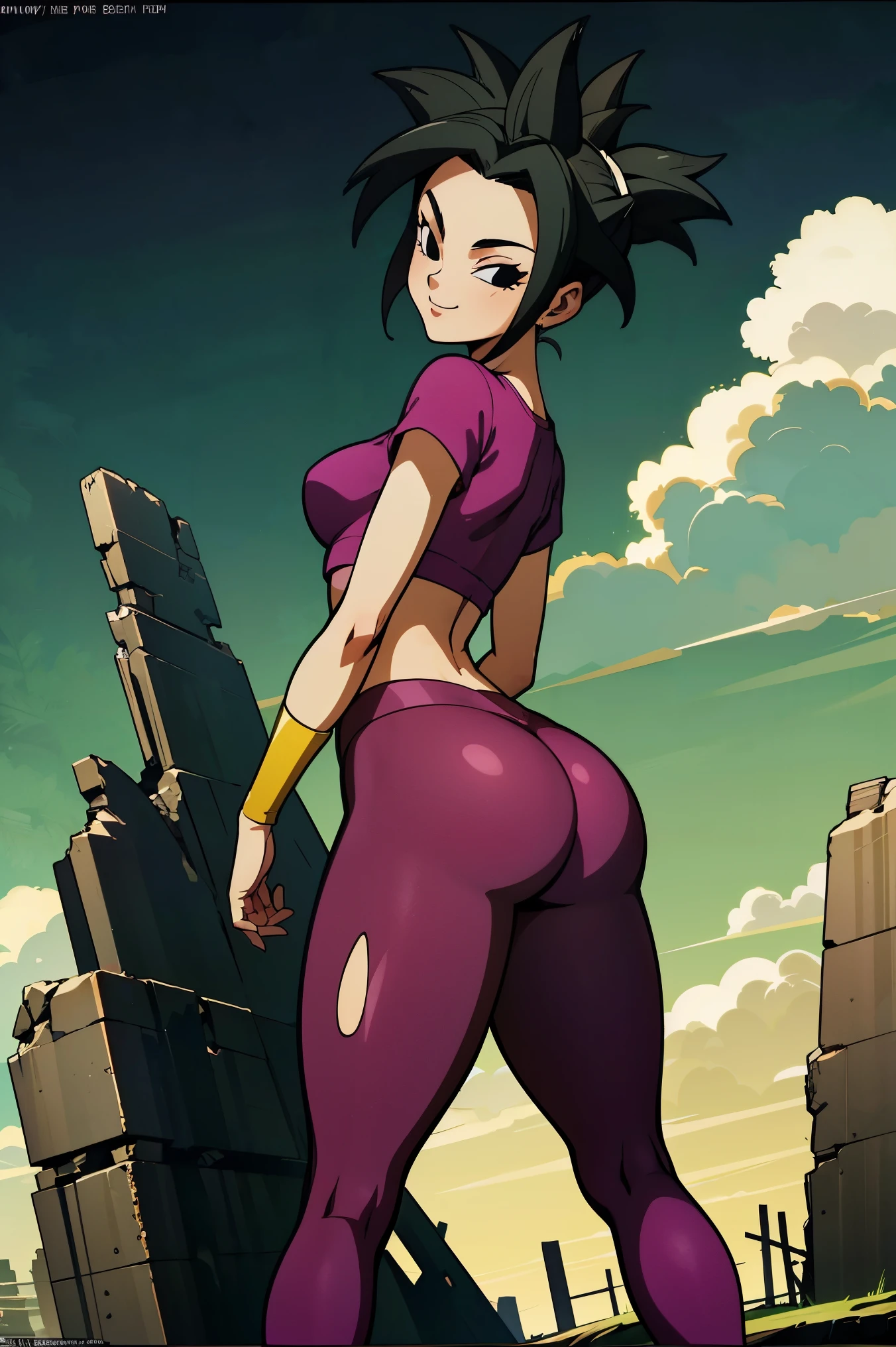 There was one girl with shiny skin, sexyposture,best qualtiy,tmasterpiece,(Photorealsitic:1.4),breast enhancement,reality,offcial art,The 8k quality,Super Detail,Fine detail skin,Movie angle,Cinematic textures,Movie Lighting,masutepiece,The highest image quality,1 girl,Vermilion lips,hair messy,pantyshot,Big Mimi,crisp breasts,1girll,((Black stockings)),Long hair,upper limbs,((back)), thick thighs, ((((thick ass)))), black eyes, ((magenta shirt and leggings)), black hair, smile, ((void, green mist, ruins))