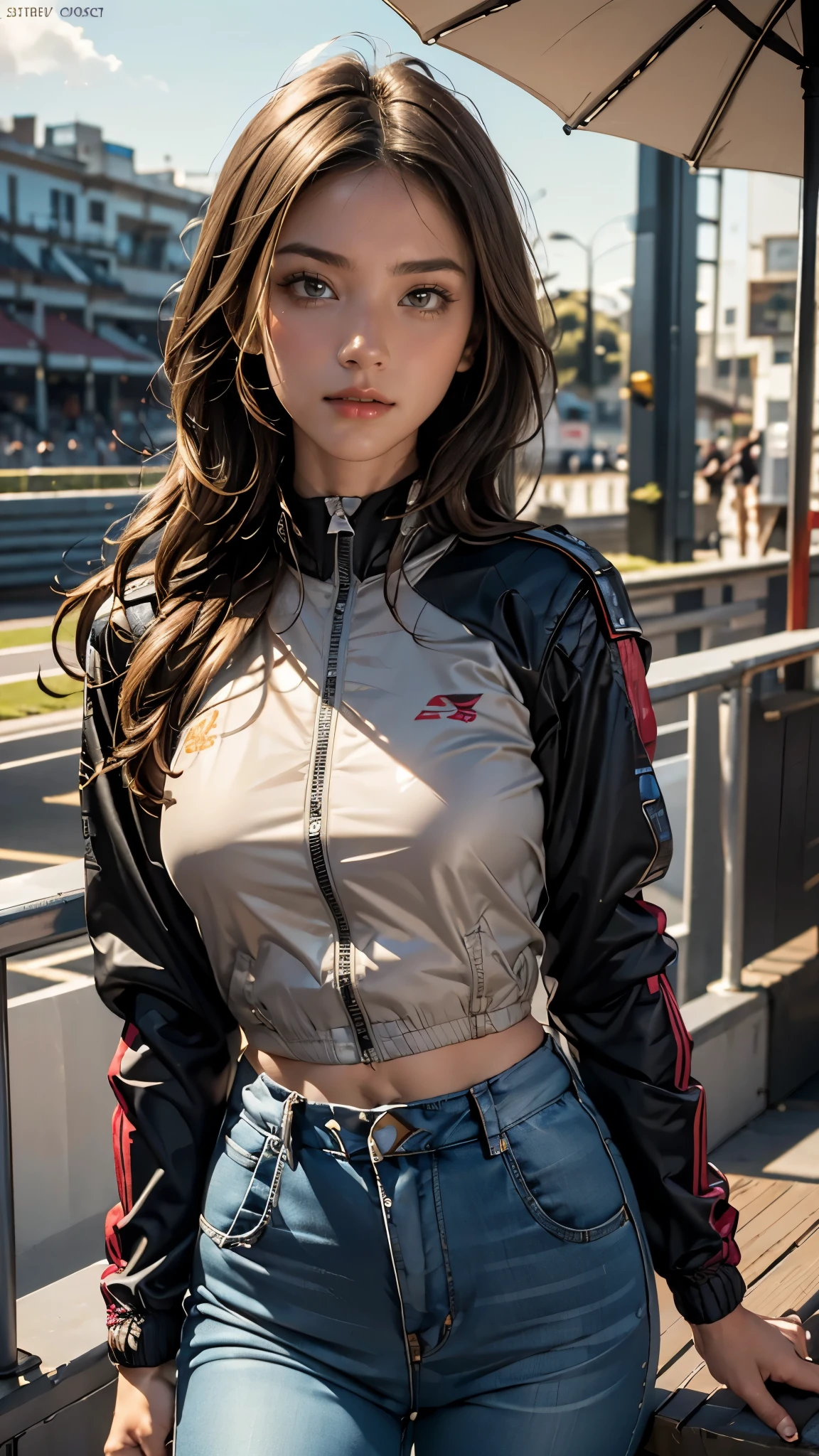 (((HD photo))), ultra high res.photorealistic:. 1.4, UHD, masterpiece, trending on artstation, portrait, upper body shot, 1girl, fashion photography, pretty, cute face, ((detailed face, detailed eyes)) most beautiful in the world, soft, delicate, (long red hair), large breasts, slim waist, (wearing racing jacket:1.6) jeans, hires textures, intricate details, sunkissed, San Francisco city