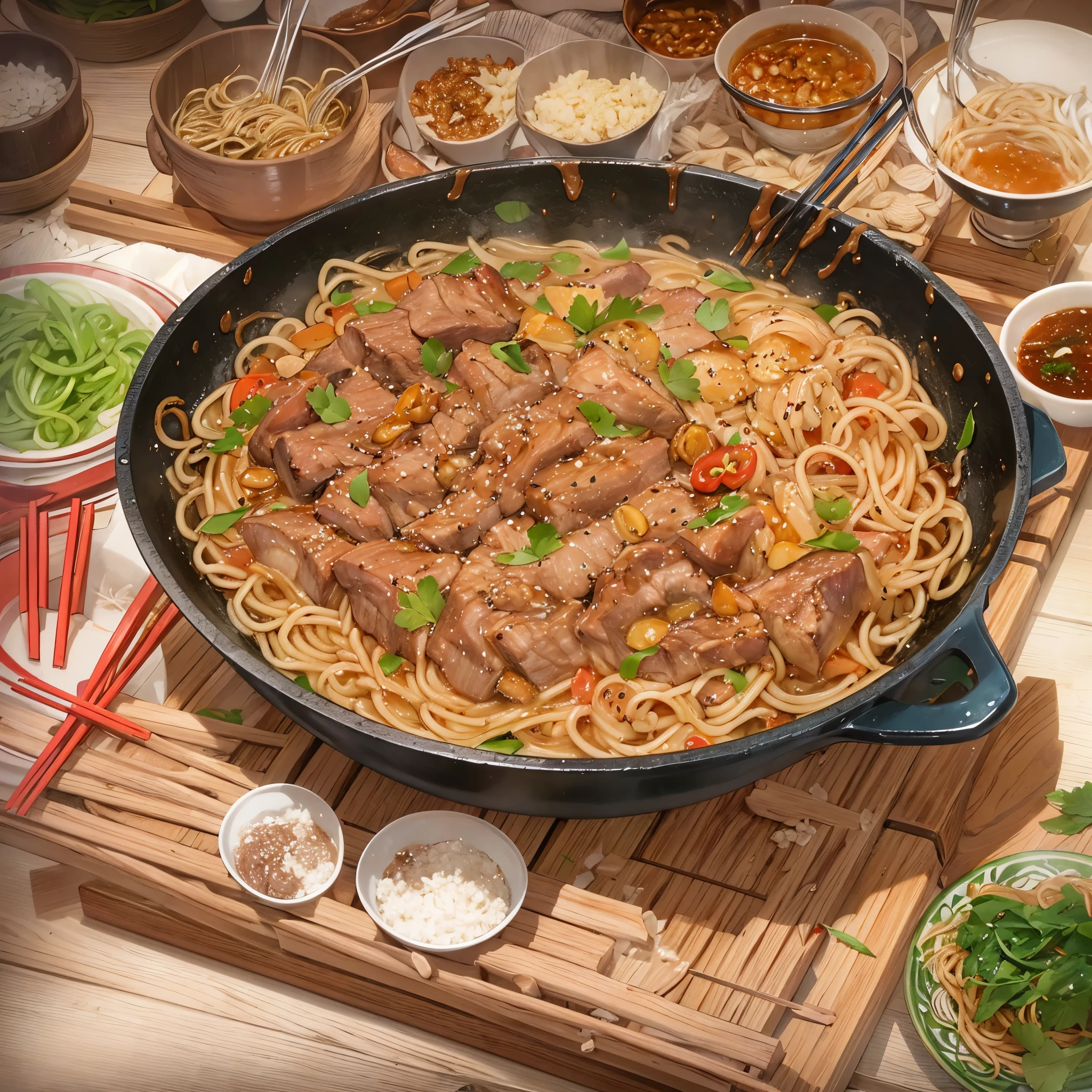 araffy asian food in a wok with noodles and meat, noodles, wok, chinese, in style of pan ren wei, yummy, cooked, closeup at the food, recipe, very low quality, added detail, inspired by Mi Fu, inspired by Li Kan, cooked to perfection, bao pnan, tendrils in the background, eating noodles