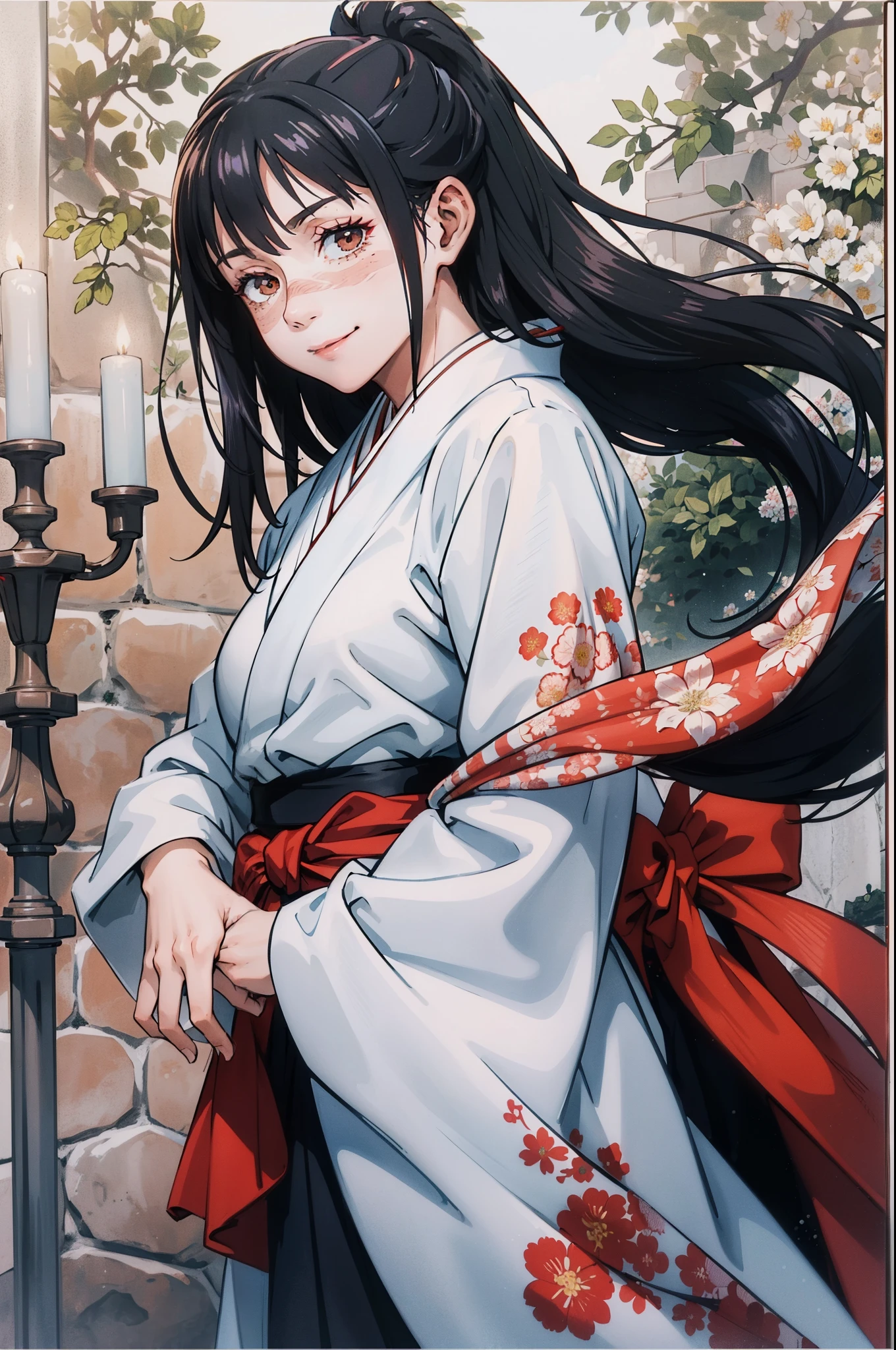 (masterpiece, best quality:1.2), Jujutsu kaisen style, Utahime Iori, (1girl, solo), (black long hair, flower ornament on hair), brown eyes, scar on face, blush, (smile:1.1), (white kimono, red hakama), looking to viewer, cowboy shot